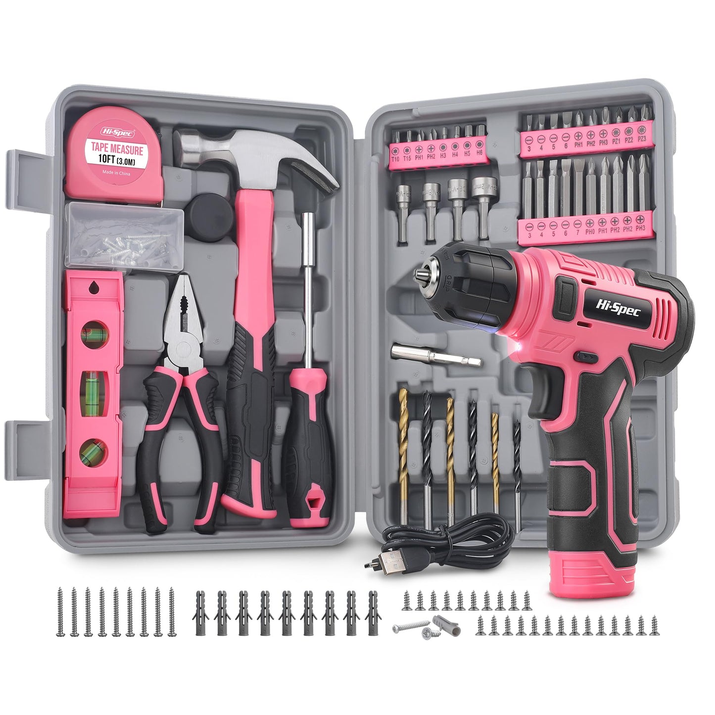 Akkuschrauber-Set mit Werkzeugkoffer, 47-tlg Rosa