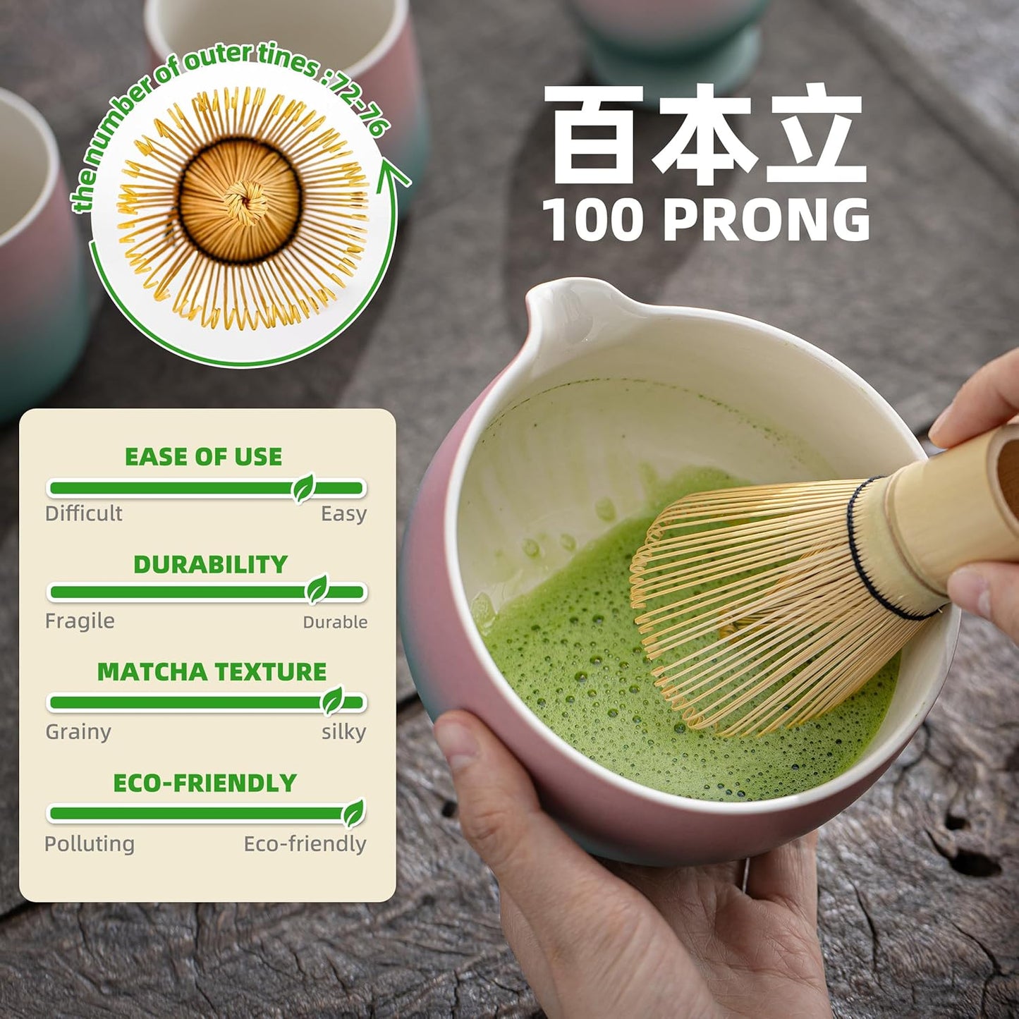 7-teiliges Matcha Tee-Zubehörset mit Schale und Besen, 7Stück/Set, Schüssel mit Ausgießer Grün Grident Rosa