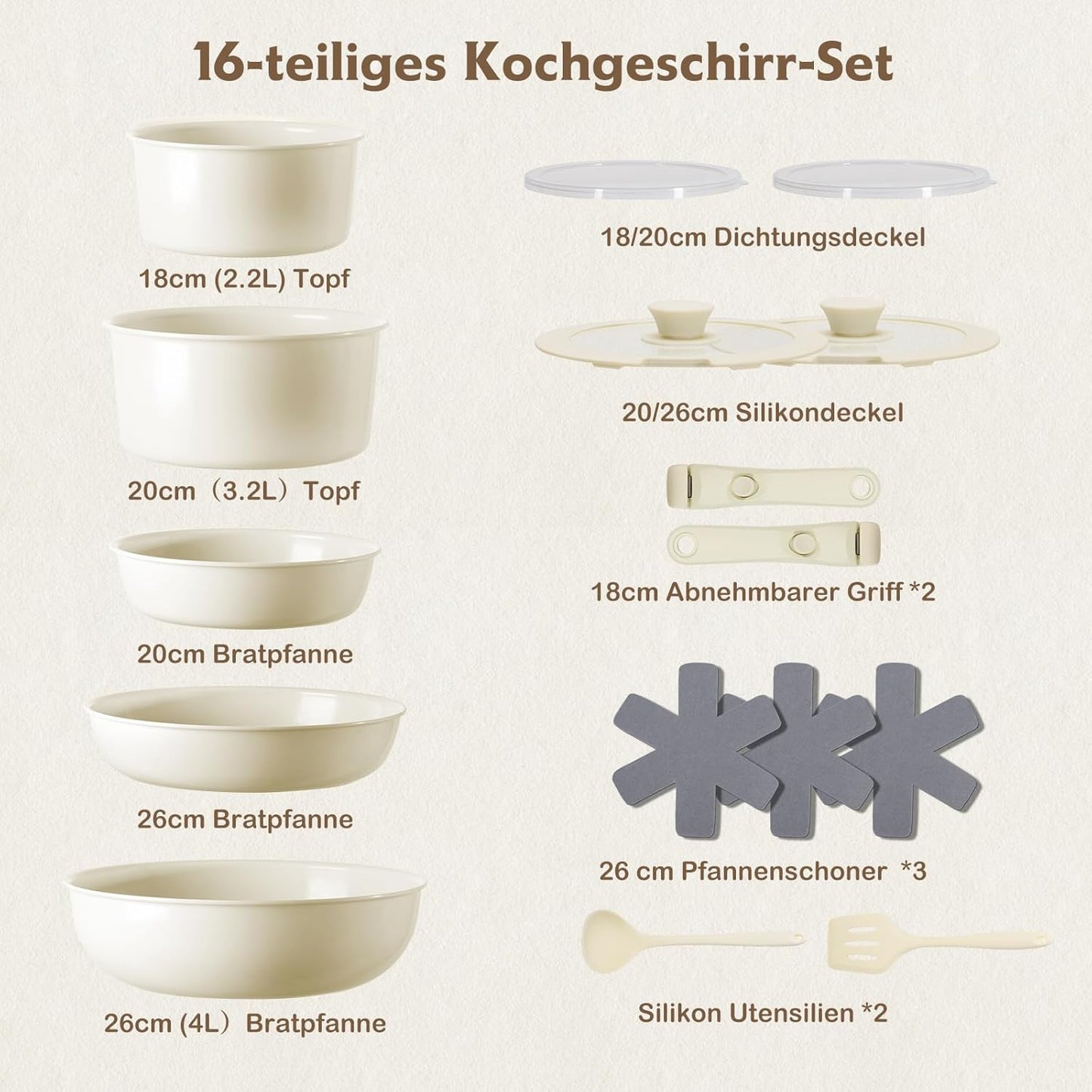16-teiliges Antihaft-Kochgeschirr-Set mit abnehmbaren Griffen