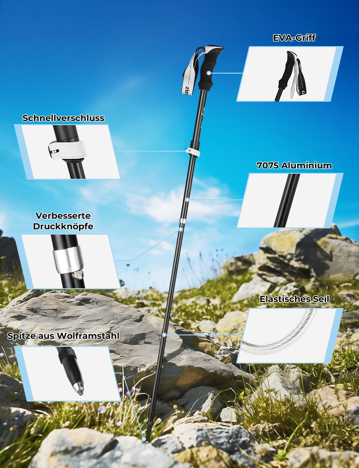 Längenverstellbare Trekkingstöcke, Milchiges Weiss 110-130 cm