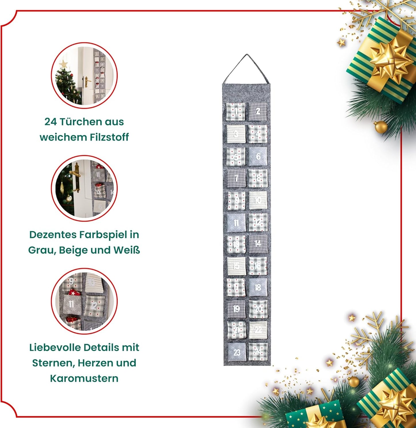 Adventskalender zum Aufhängen und Befüllen aus Filz, Grau