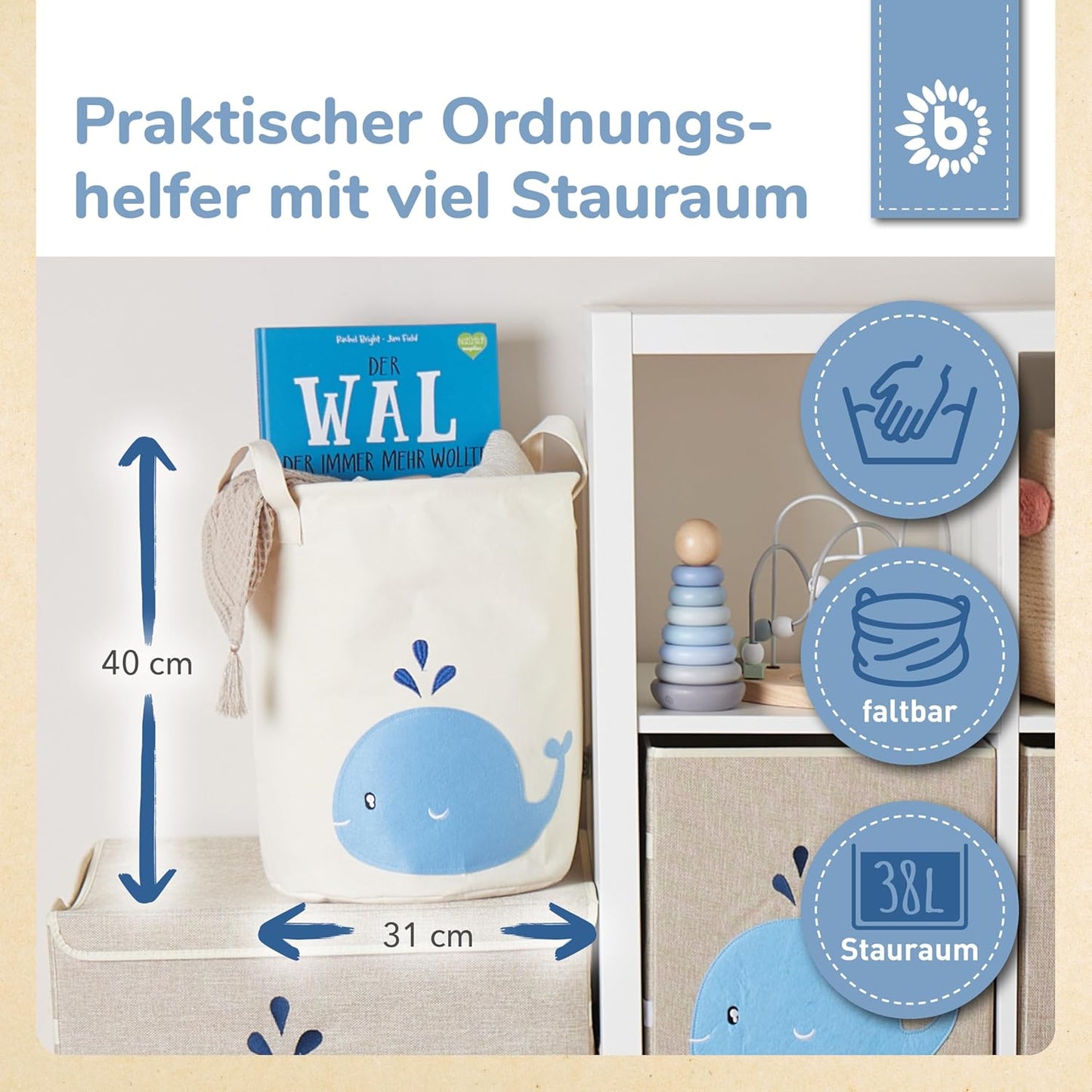 Aufbewahrungskorb Baby Wal für Kinder, Wal