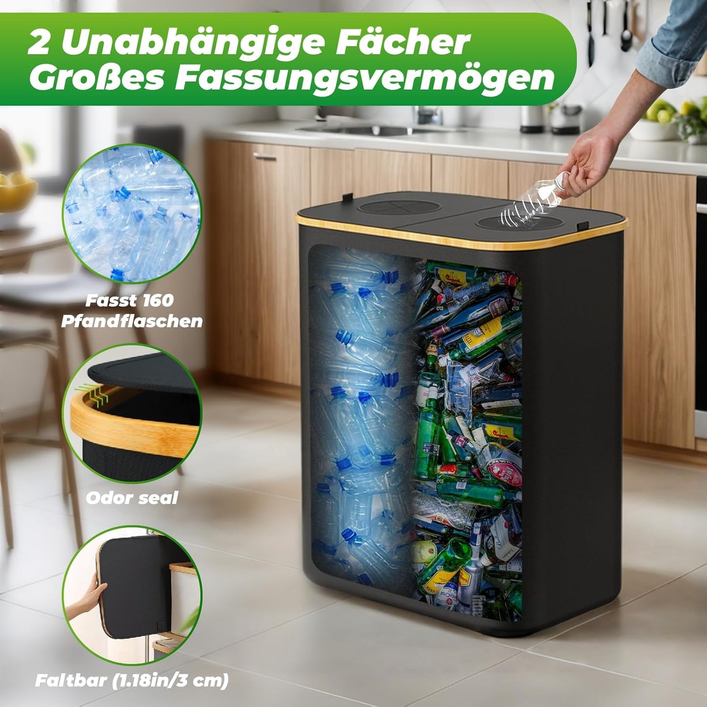 Pfandflaschen Sammelbehälter mit 2 Fächern (160L), Schwarz-schmetterlingsklappe|160L