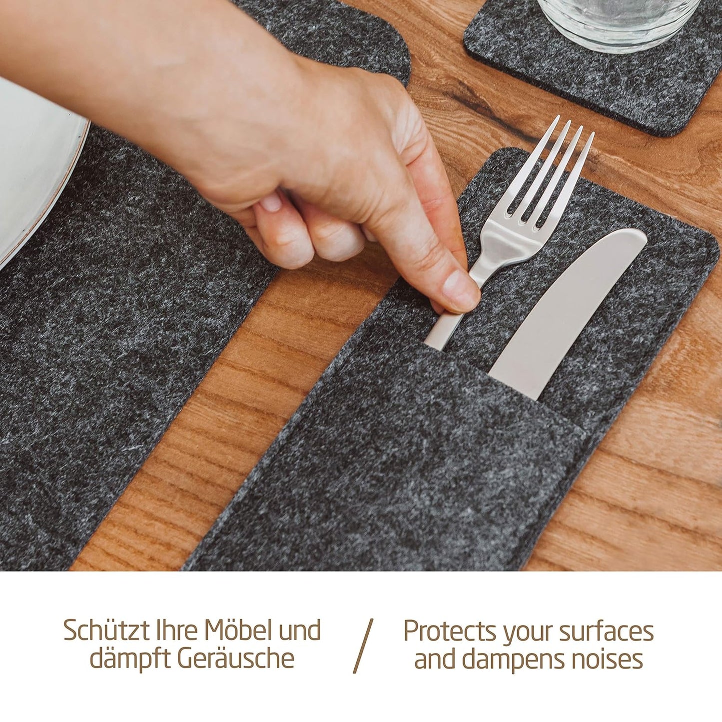 Tischset aus Filz mit Untersetzern und Bestecktaschen