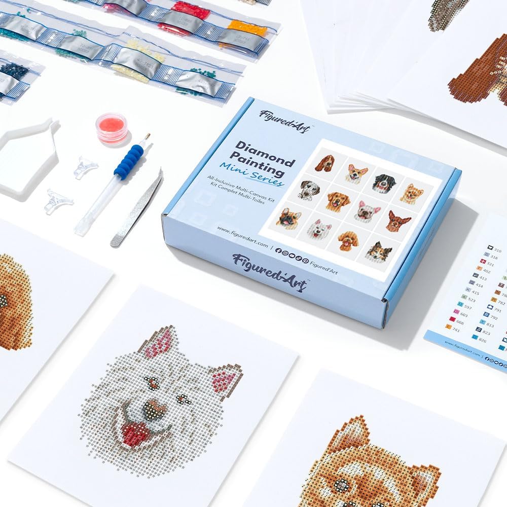 Mini Serie Diamond Painting Set mit 12 Stück, Hundeporträts PROBLEMYOUMUSTCHECK