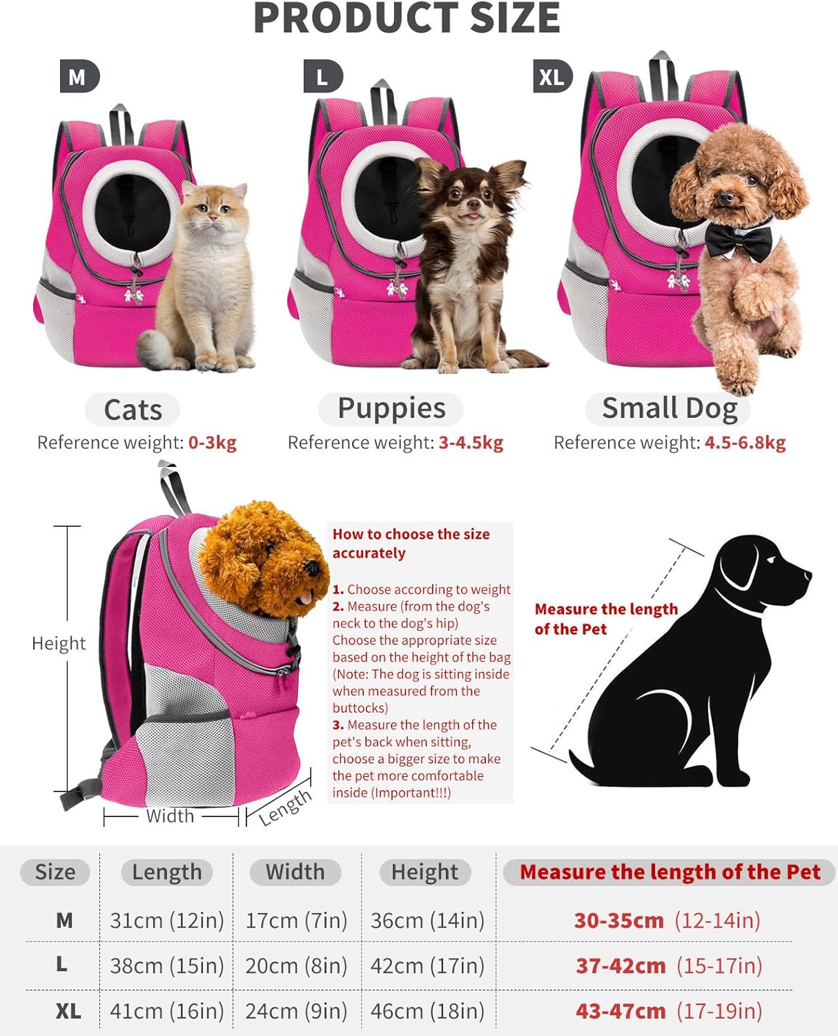 Rucksack für Haustier, L 31 x B 17 x H 36 cm Rosa