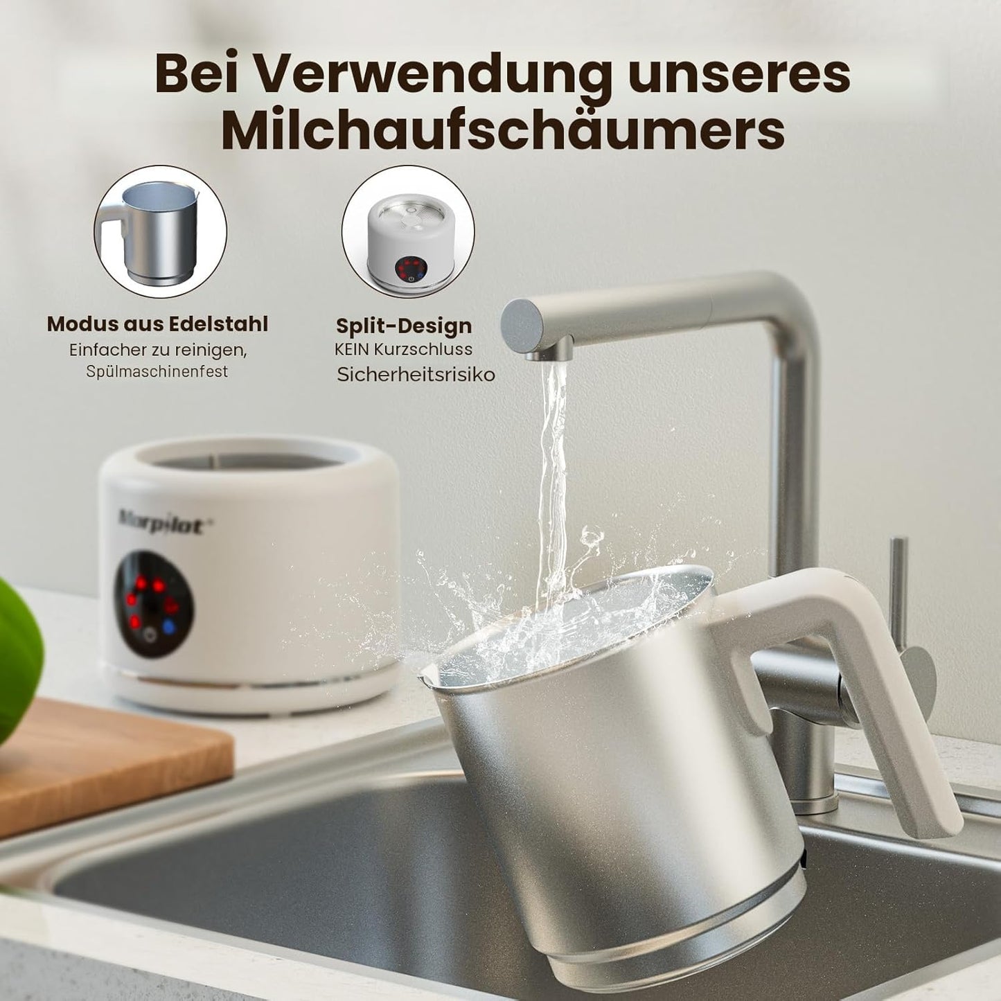 Elektrischer 6-in-1 Milchaufschäumer 500ml, spülmaschinenfest, Edelstahl Weiss