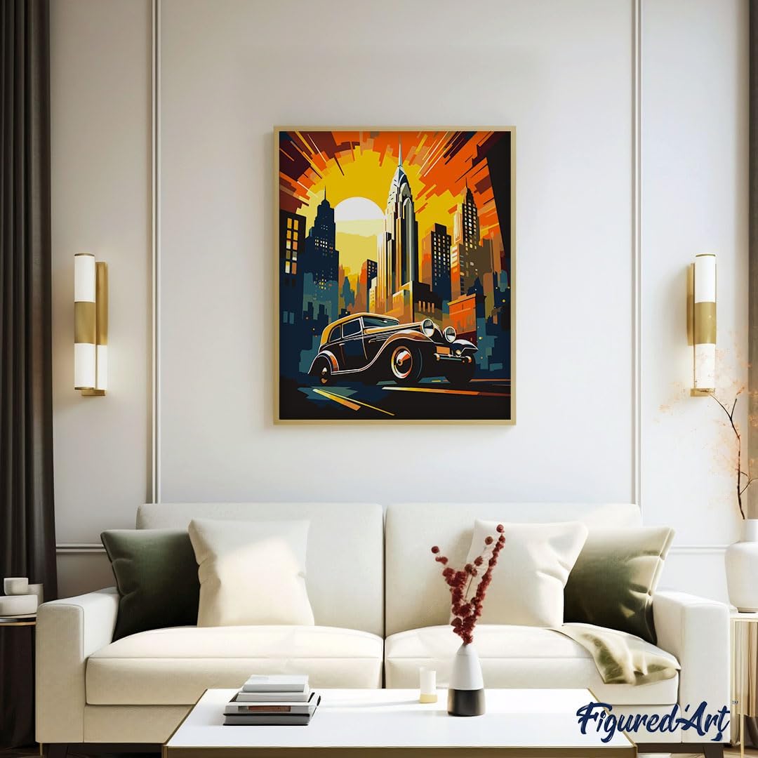 Malen nach Zahlen Set Art-Deco-Auto, Art-Deco-Auto in New York 40x50cm Mit Rahmen (bereits gespannt)