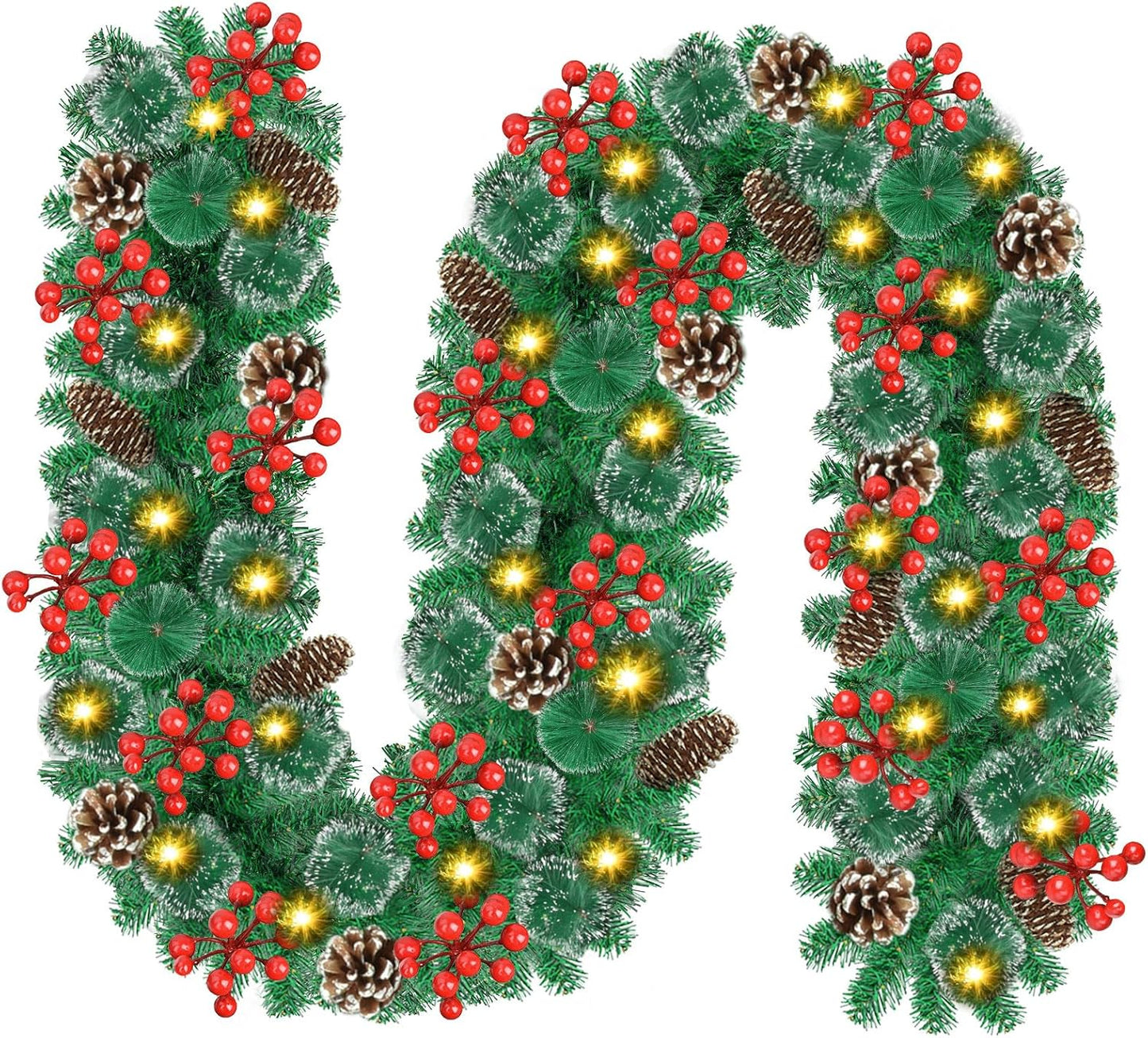 Weihnachtsgirlande mit LED Lichterkette, Tannenzapfen und Beeren, Grün