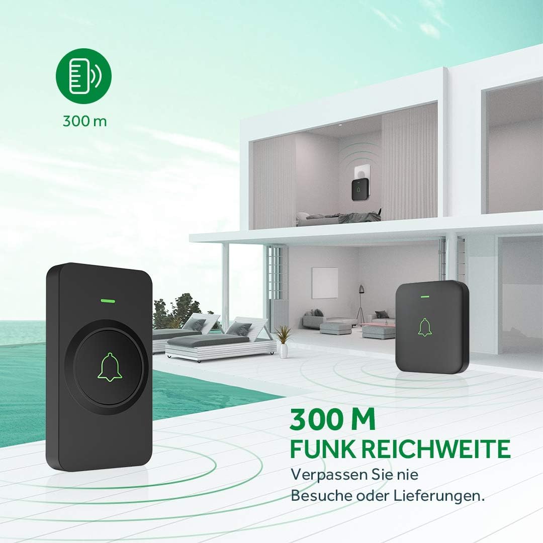 Funkklingel mit 52 Melodien und LED-Anzeige, Schwarz