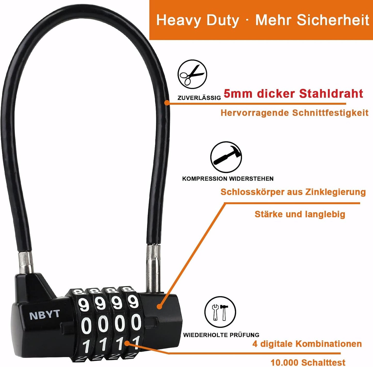 Zahlenschloss mit Stahlseil, 18cm(Innenabstand: 9cm)/Durchm.5mm-2pack