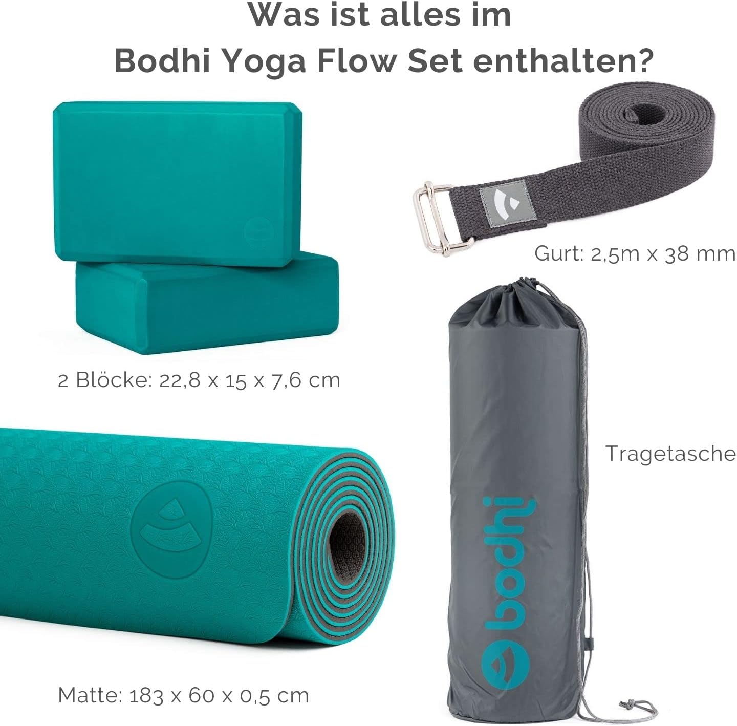 Yoga Starter-Set mit Matte, Blöcken & Gurt, petrol