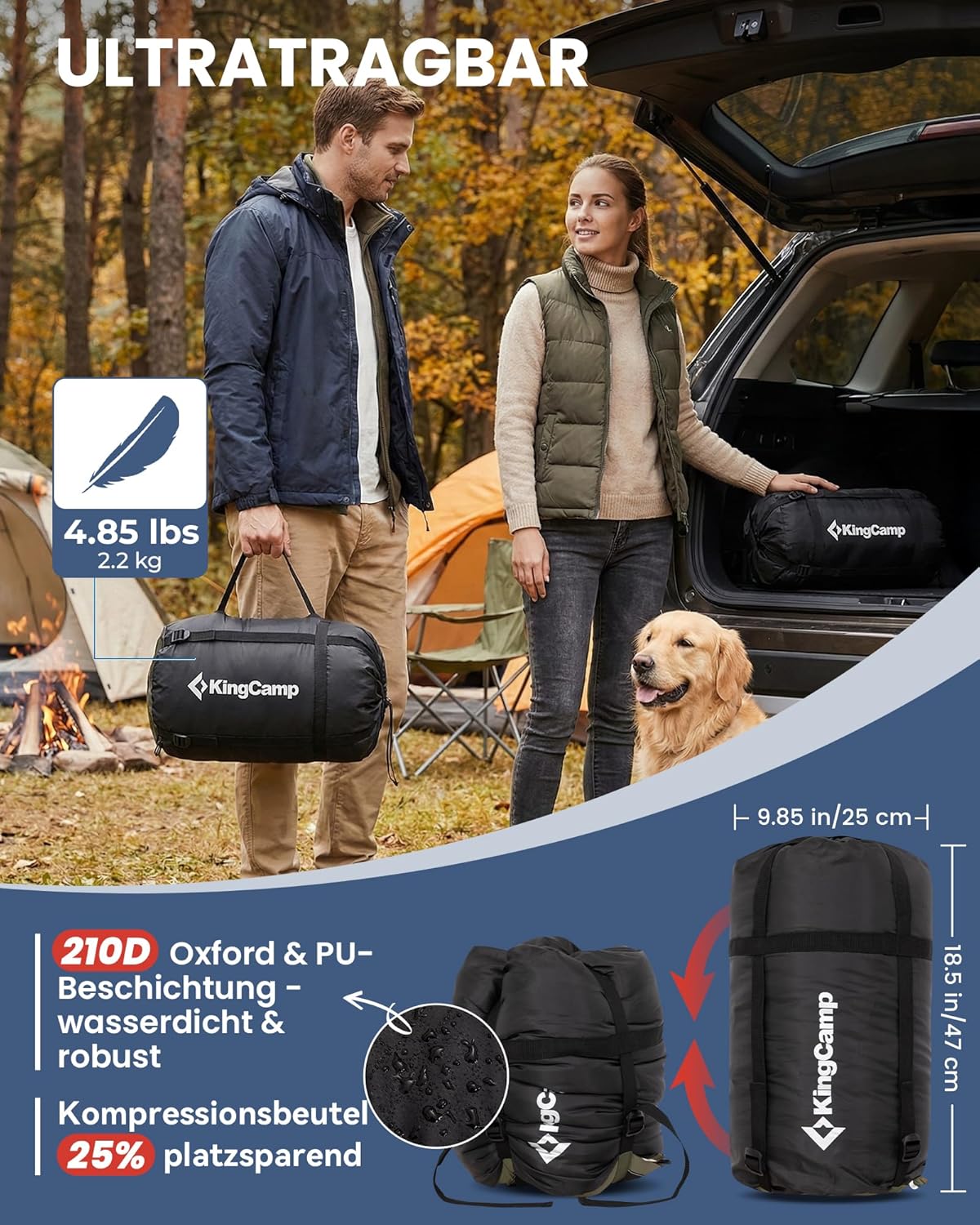 Schlafsack für Erwachsene, 300GSM Grün/Braun-R-Zip