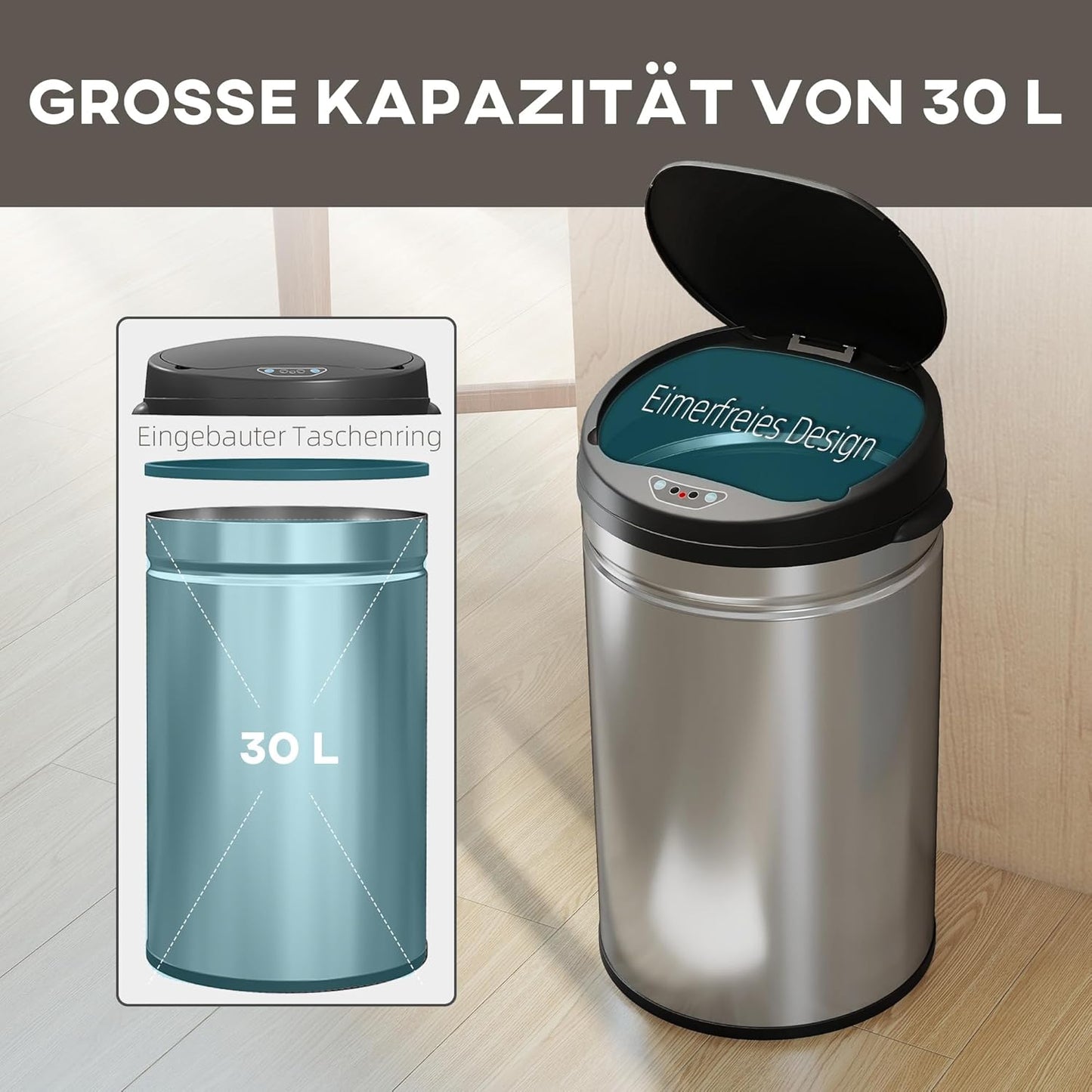 Automatischer Mülleimer mit Sensor, 30L Edelstahl, 30 L Silber