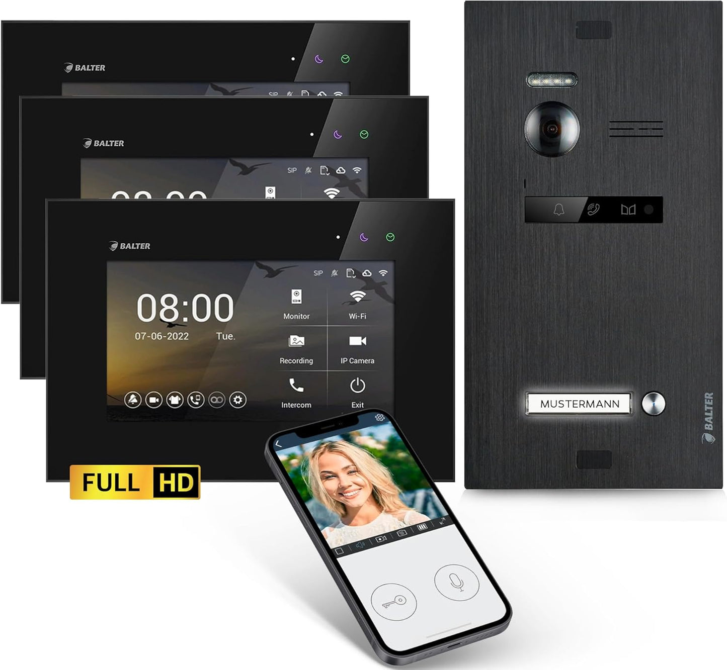 EVO-HD Video Türsprechanlage mit 3 HD-Monitoren, 3 Monitore, Mit App D. Schwarz/Schwarz
