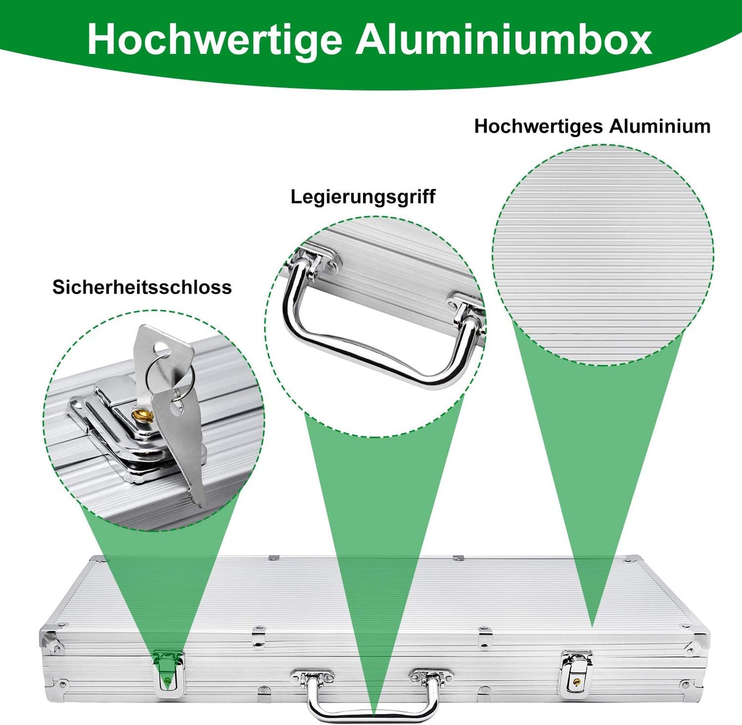 Pokerkoffer Set mit 500 Chips, 500 Chips, Silber Aluminium-gehäuse