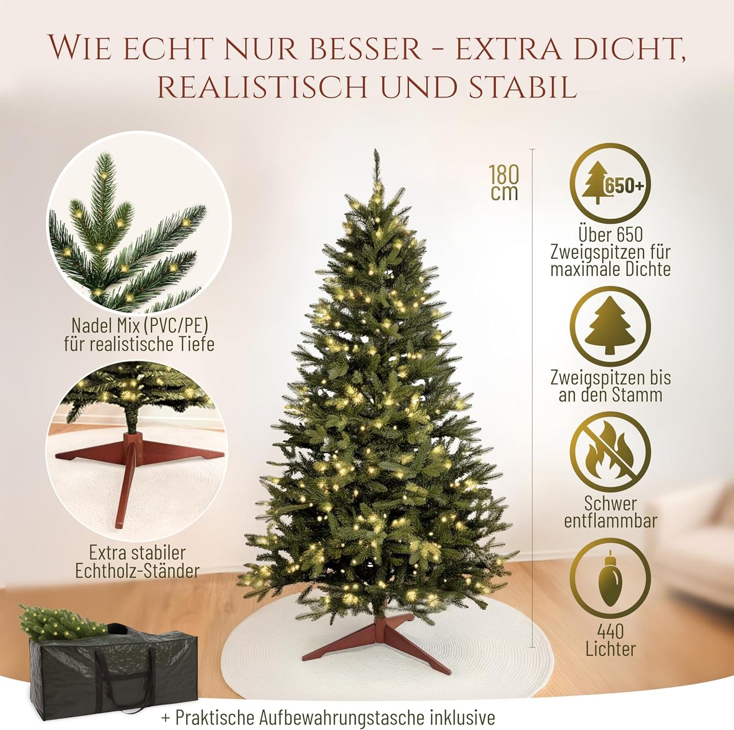 Künstlicher Weihnachtsbaum mit Beleuchtung (180 cm), 180 cm