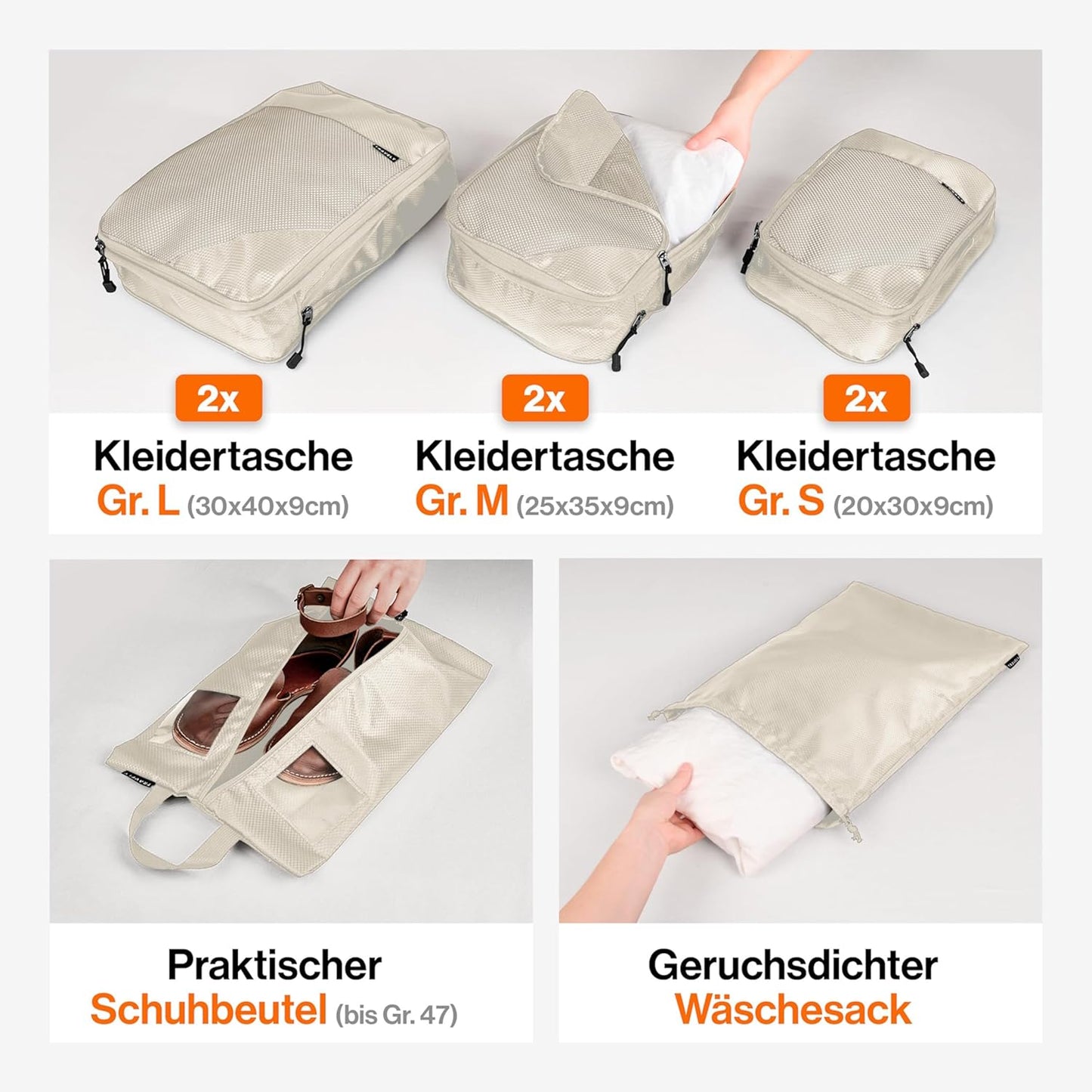 8-teiliges Packwürfel-Kompressions-Set mit Schuhtasche, Beige 8 Teile Gr. Set
