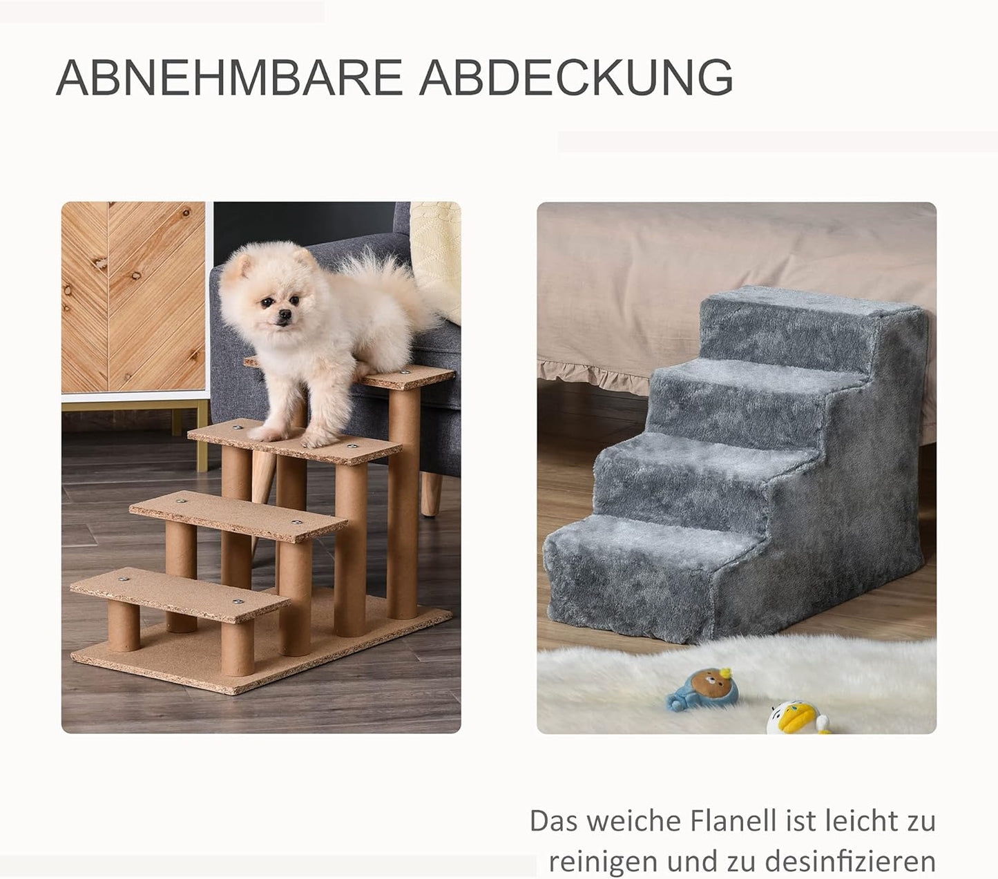 Haustiertreppe mit abnehmbarem Bezug, Hellgrau 60L x 35B x 44H cm