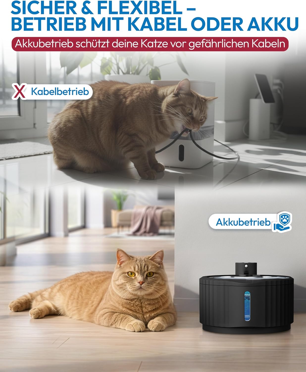 Kabelloser Katzenbrunnen mit Bewegungsmelder, Schwarz