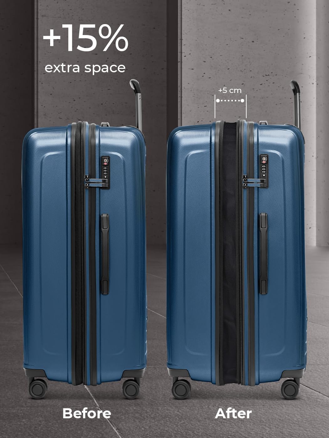 Essentials 14 Kofferset 3-teilig mit Dehnfalte, Dark Blue Metallic Trolley 3-SET erweiterbar