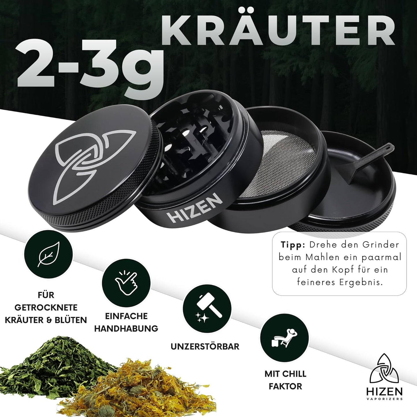 Kräutermühle mit Pollenfach und Schaber, Schwarz