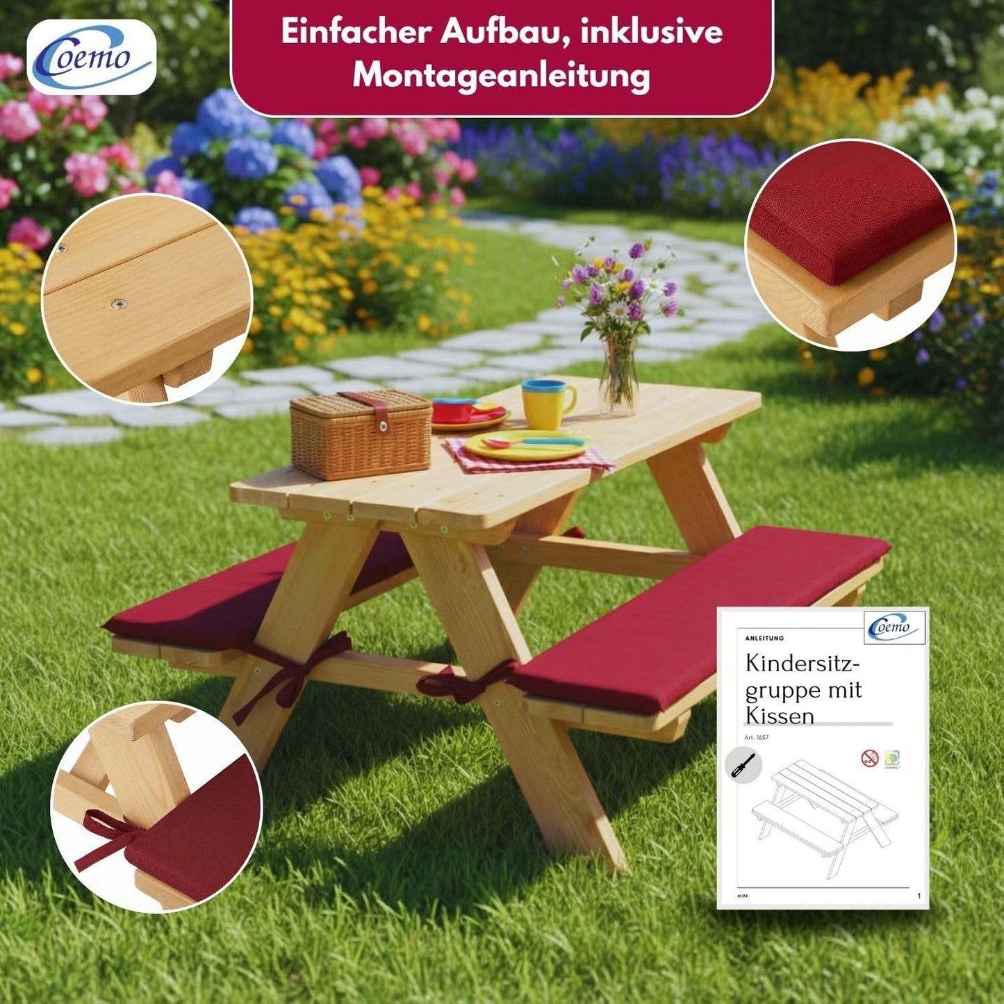 Robuste Kinder-Sitzgarnitur für Garten & Balkon, 89x79x50cm Natur