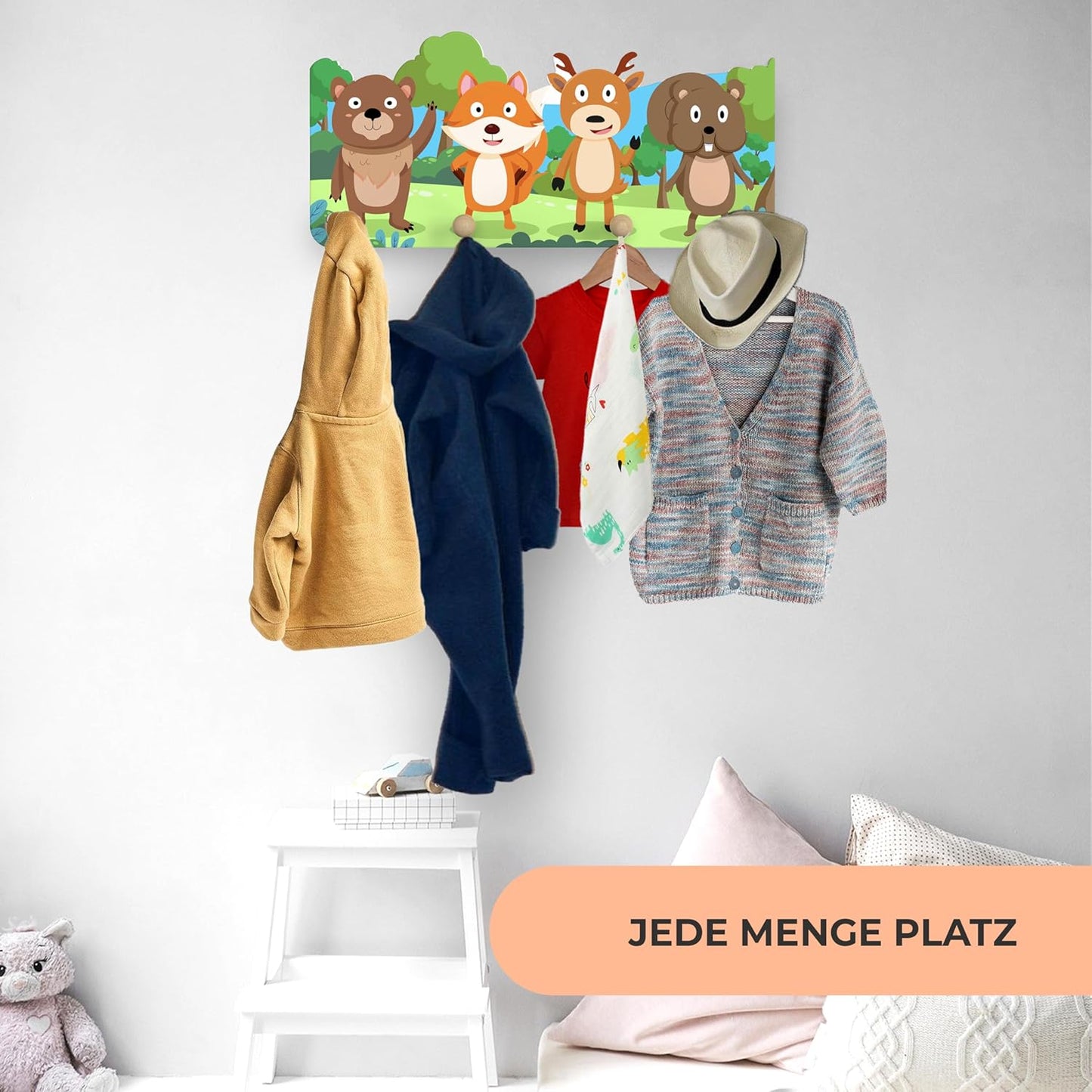 Kindergarderobe aus Holz mit 4 Haken (Wald-Design), Wald