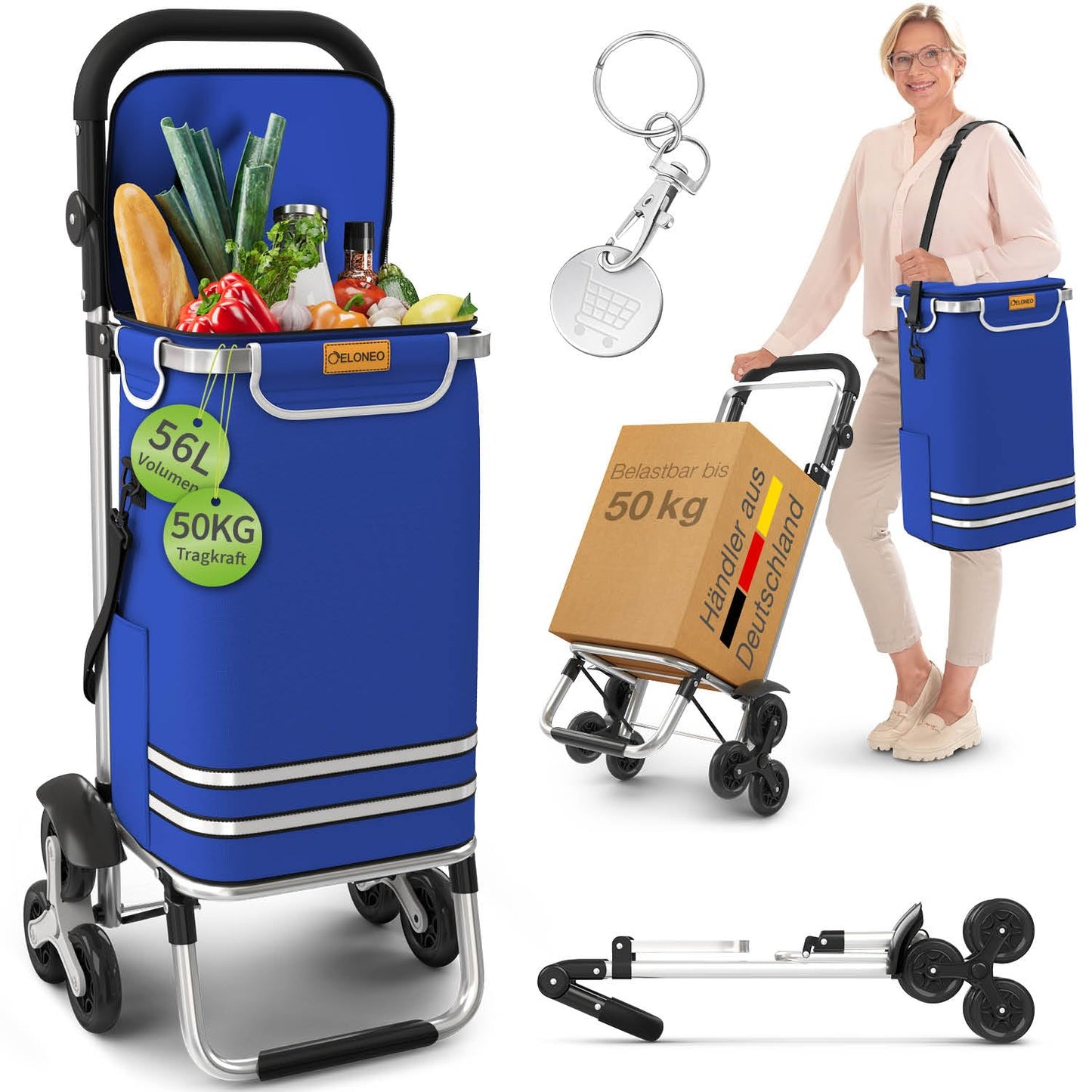 Einkaufstrolley Treppensteiger mit Kühlfach, Treppensteiger-Trolley Blau