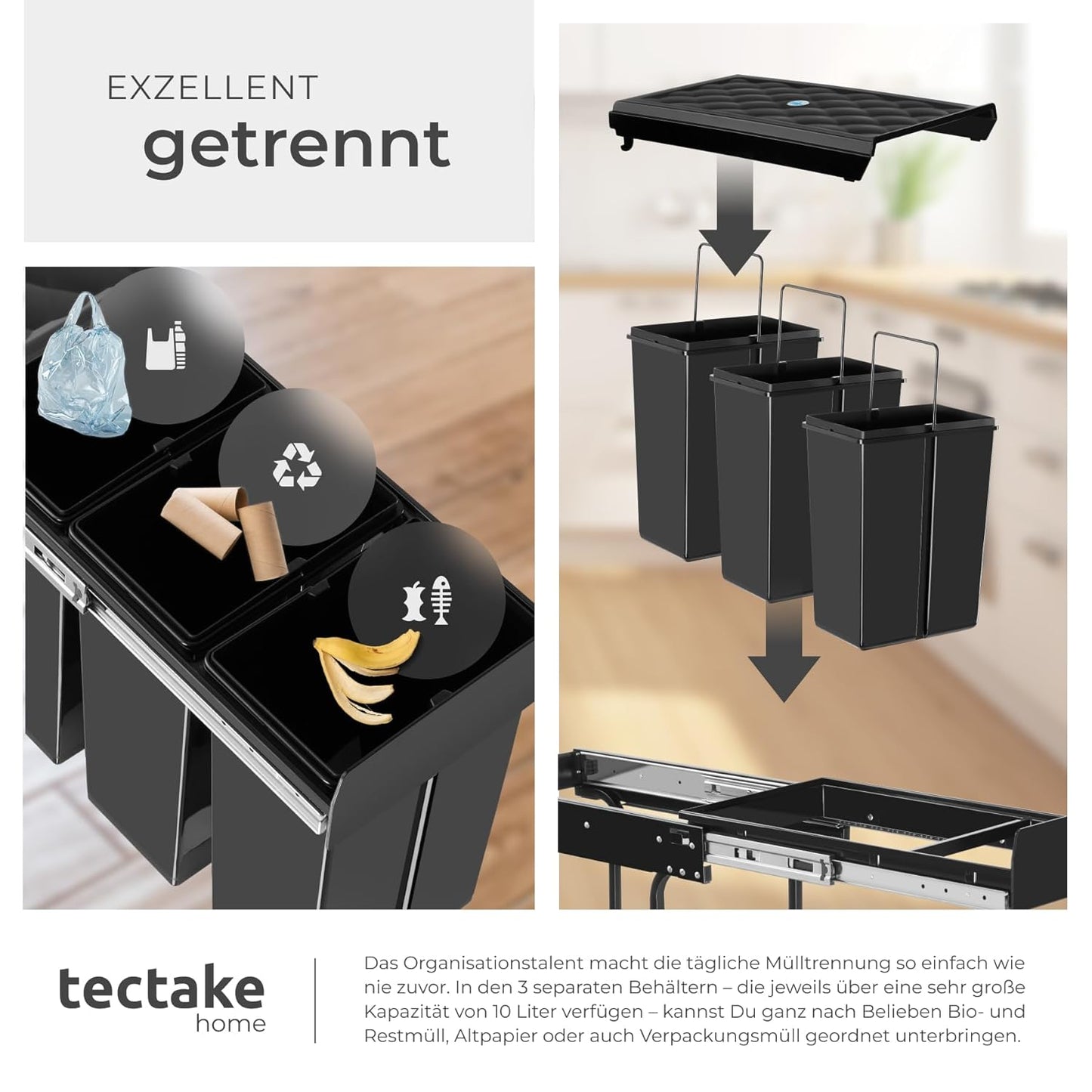 Ausziehbares Mülltrennsystem für Schrank (3x10L), 3x 10L