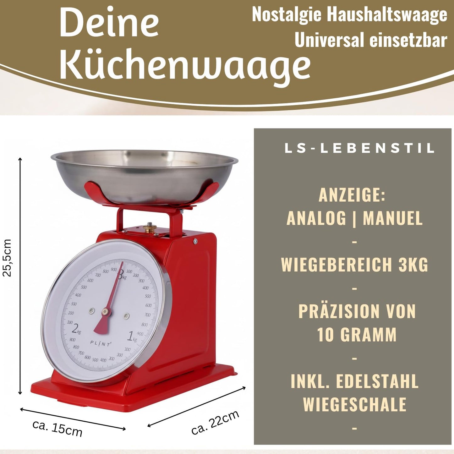 Vintage Küchenwaage mit Edelstahl-Schüssel (1L), Rot