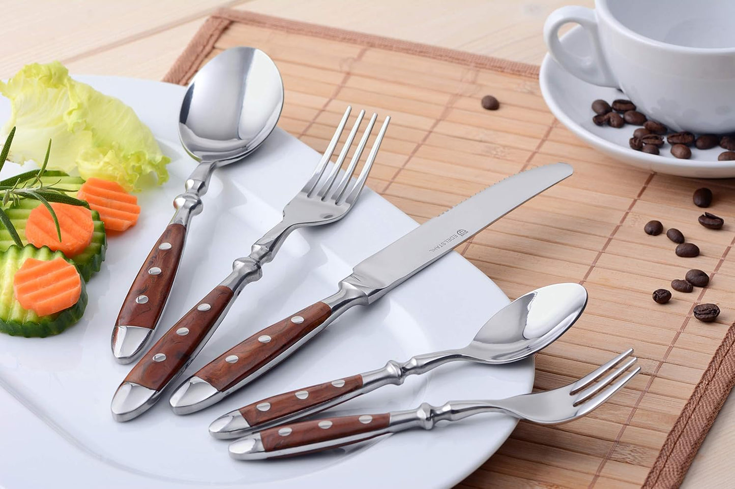 Tafelbesteck Set für 6 Personen (30-teilig), Braune Griffe ; 30-teilig | 6 Personen