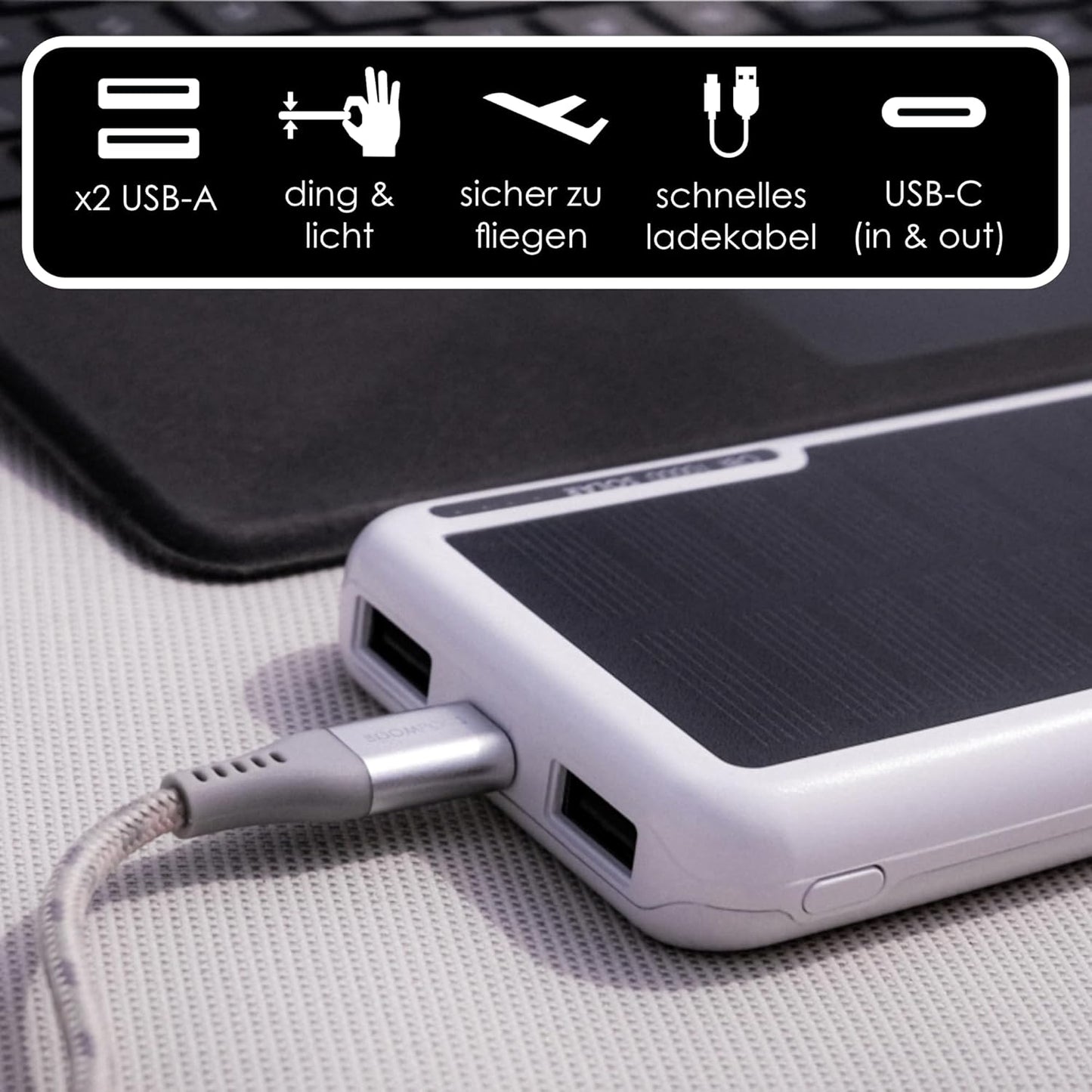 Solarpowerbank mit USB-C & USB-A-Anschlüssen, Weiß