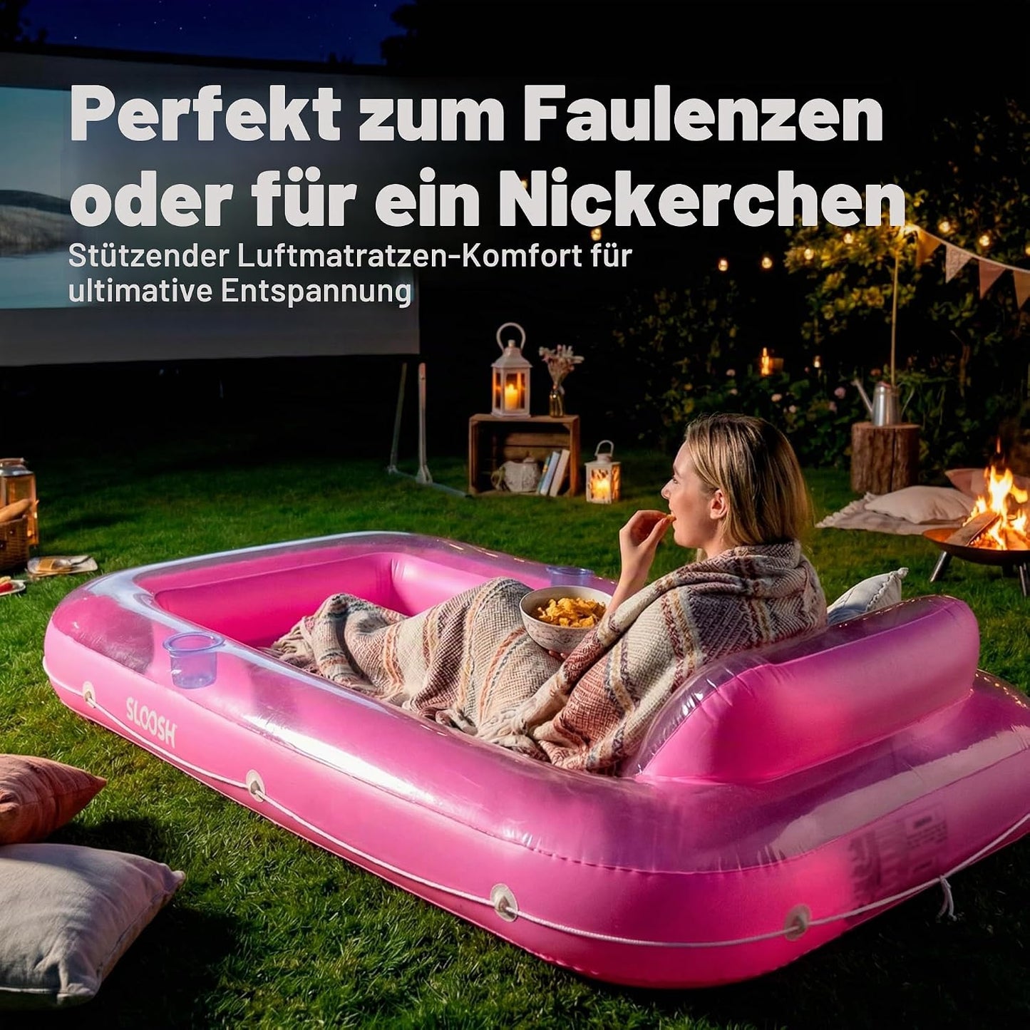 Aufblasbarer Sonnenpool mit abnehmbarem Kissen und Getränkehalter, Rosa L