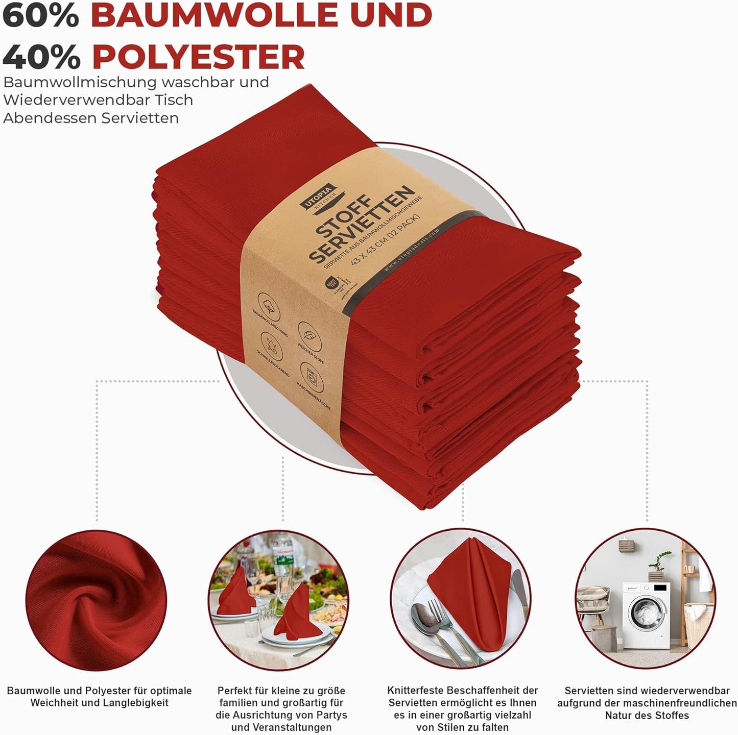 Stoffservietten-Set, 46 x 46 cm (12er Set) Rot