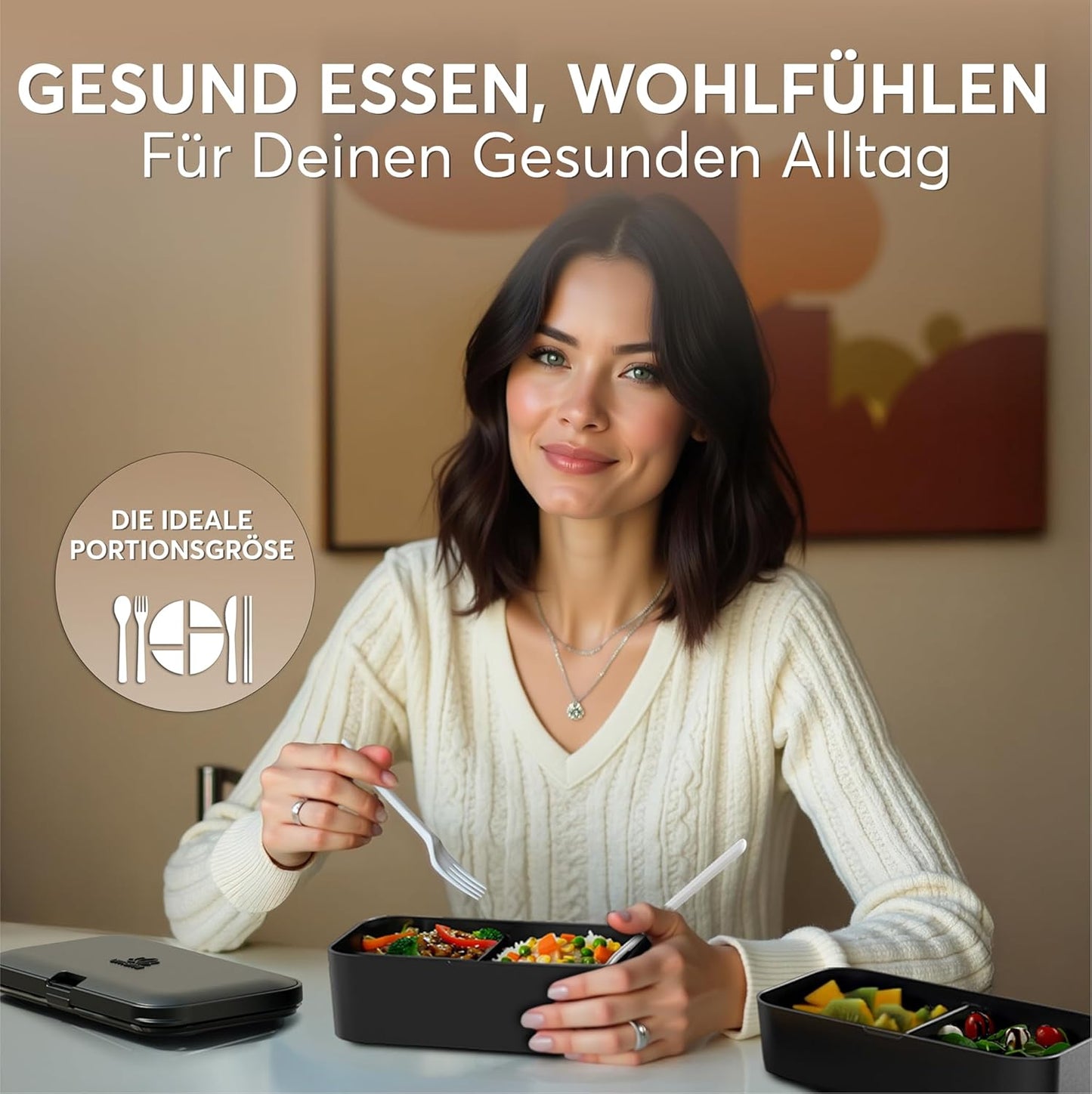 Bento Lunchbox mit Besteck & Fächern, Schwarzer Onyx L - 1500 ml