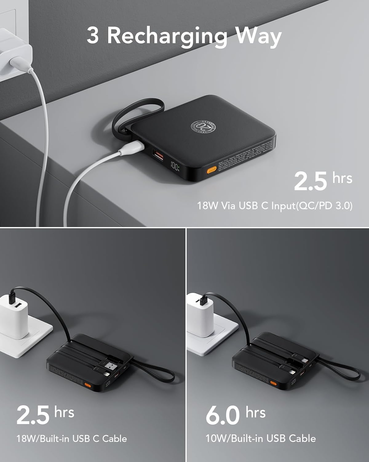 Powerbank mit integriertem Kabel, schwarz