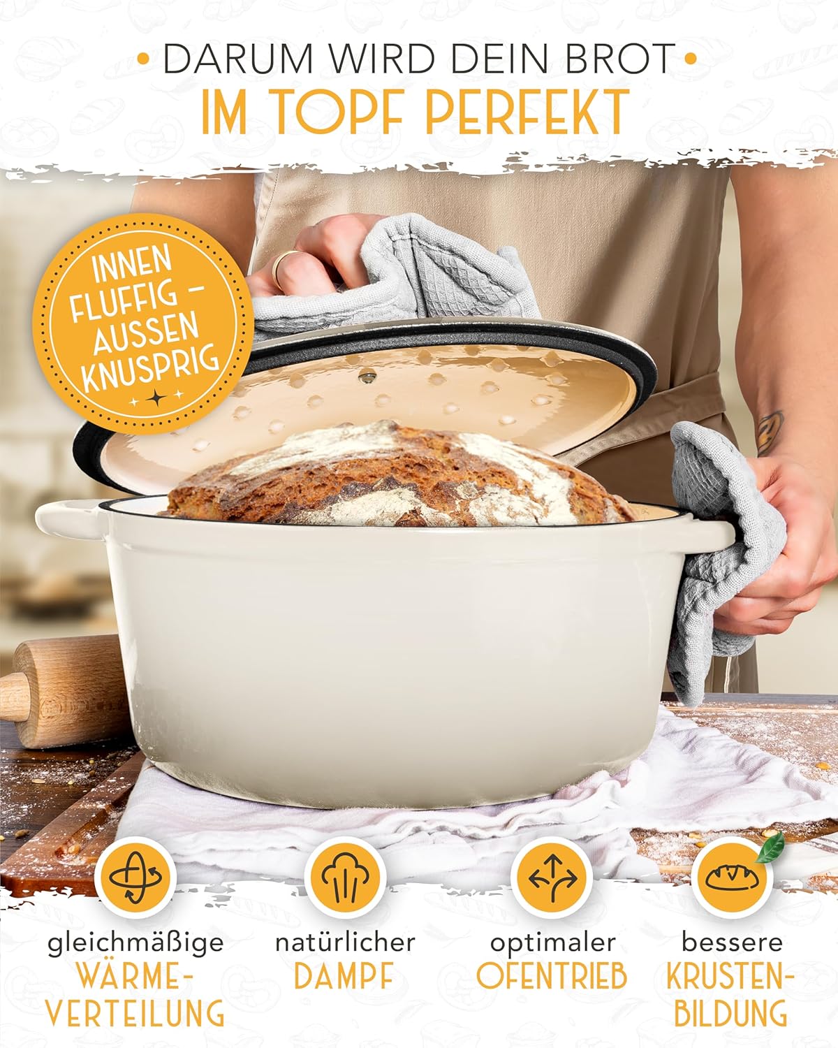 Schmortopf mit Deckel, Emaille Topf 4,7l - Creme - Einzeln