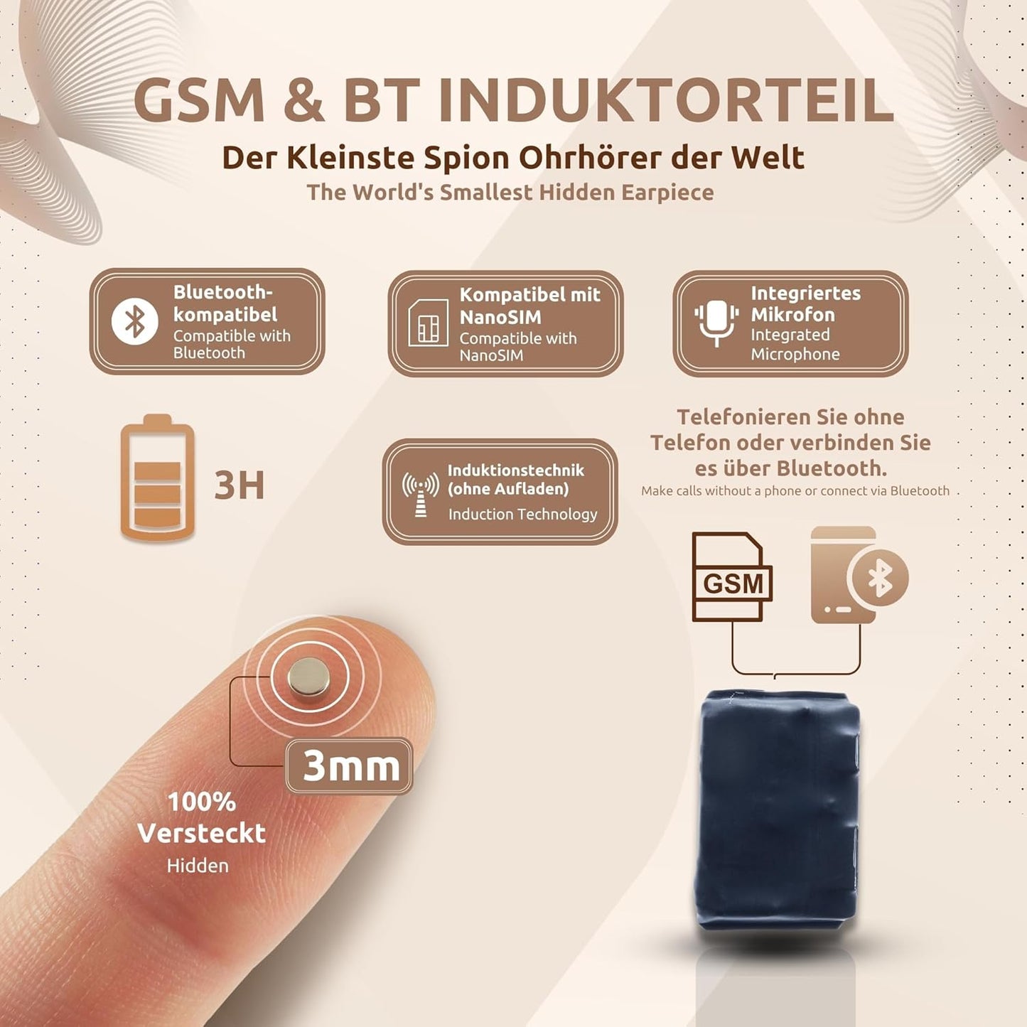 Spionage-Ohrhörer Nano Bluetooth GSM mit Mikrofon, Nano Teil GSM Bluetooth