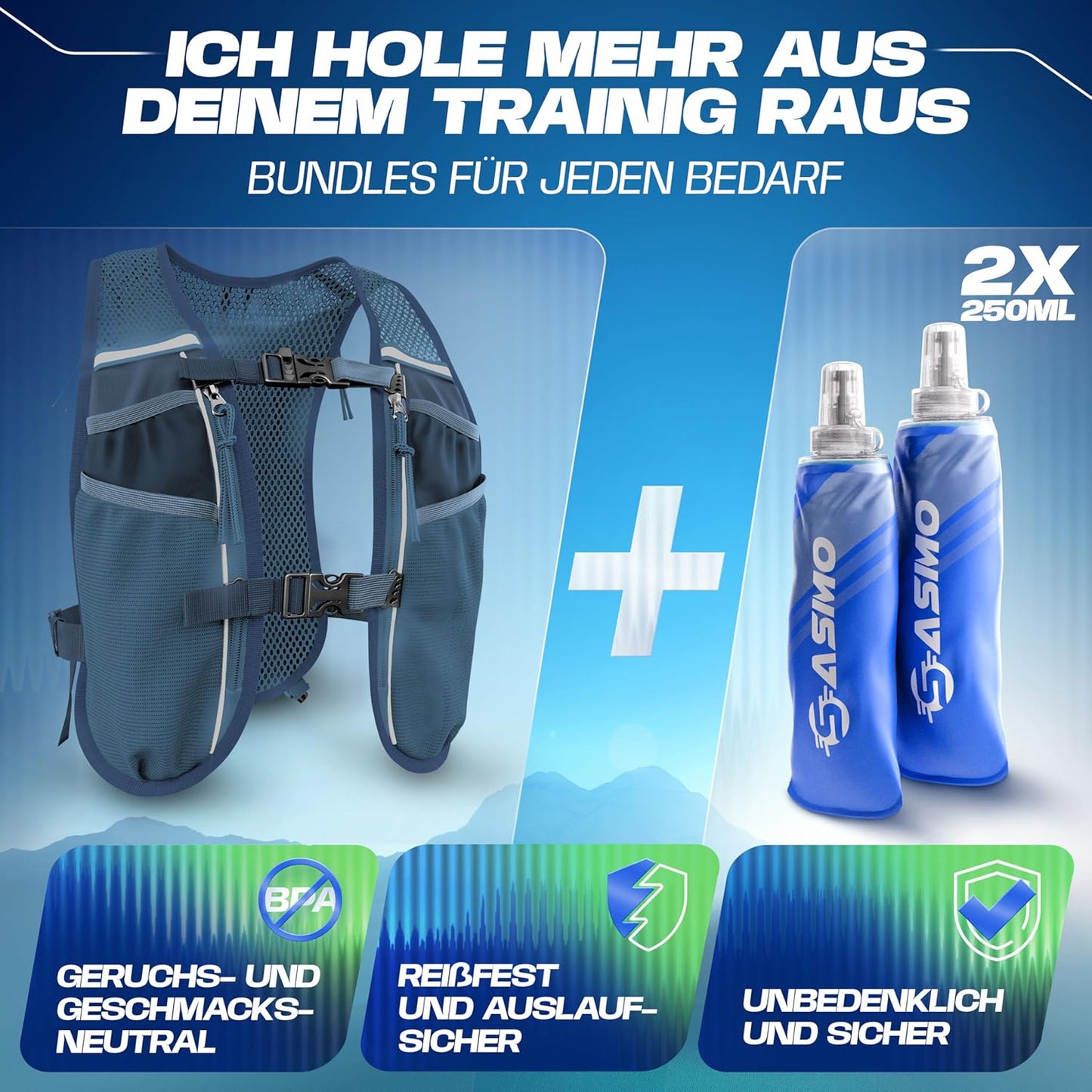 Trinkweste mit 8 Taschen, 5L - blau - mit 2x250ml 5L