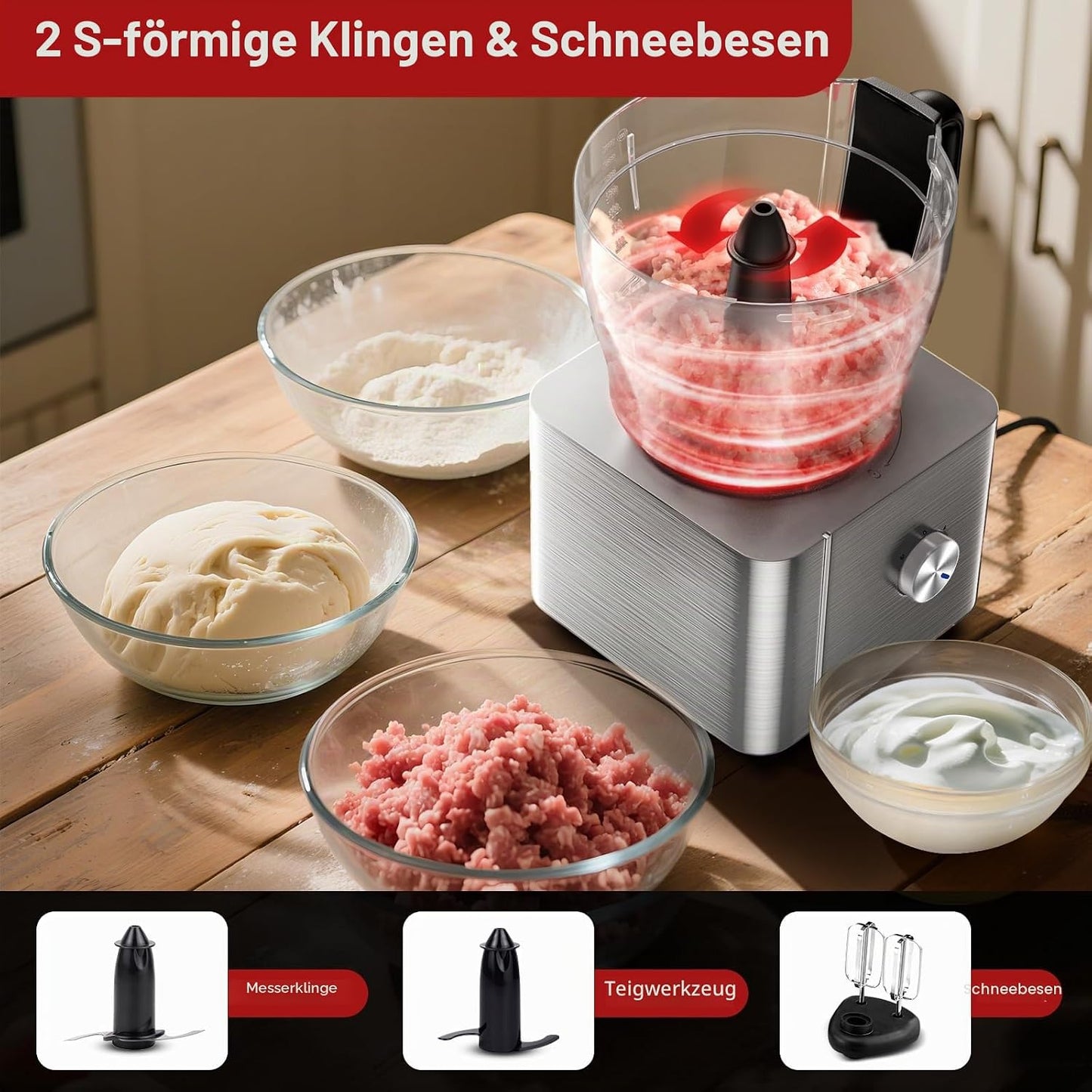 Multifunktionale Küchenmaschine mit Zubehör, Silber