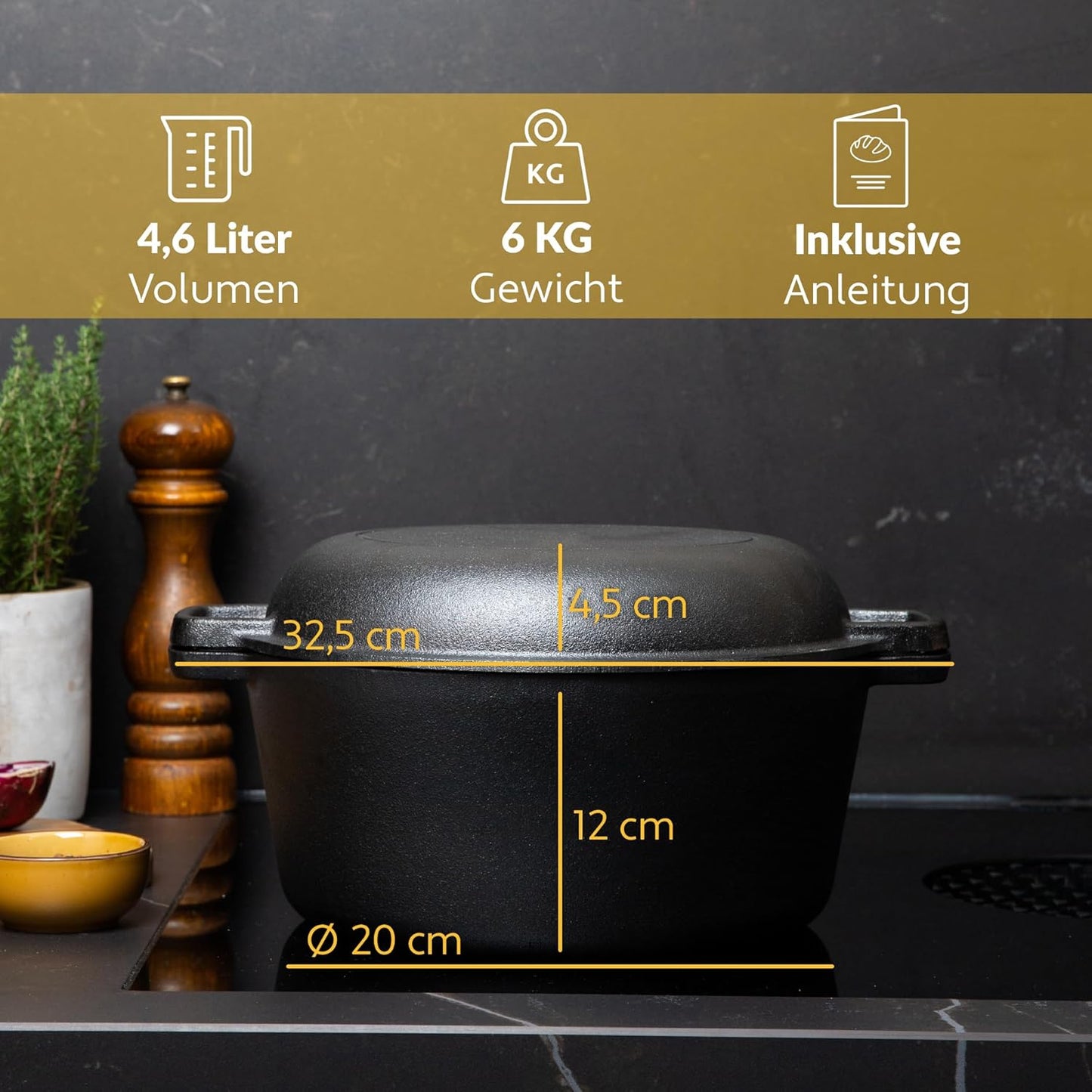 Gusseisen-Brottopf mit Gärkorb, 4.7L Rund