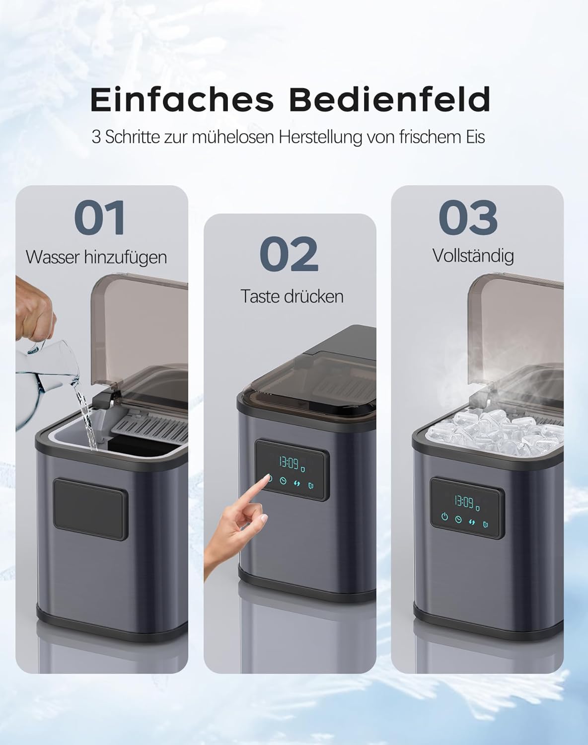 ‎YT-E-009BA Eiswürfelmaschine mit LED-Display und Reinigungsfunktion, Grau