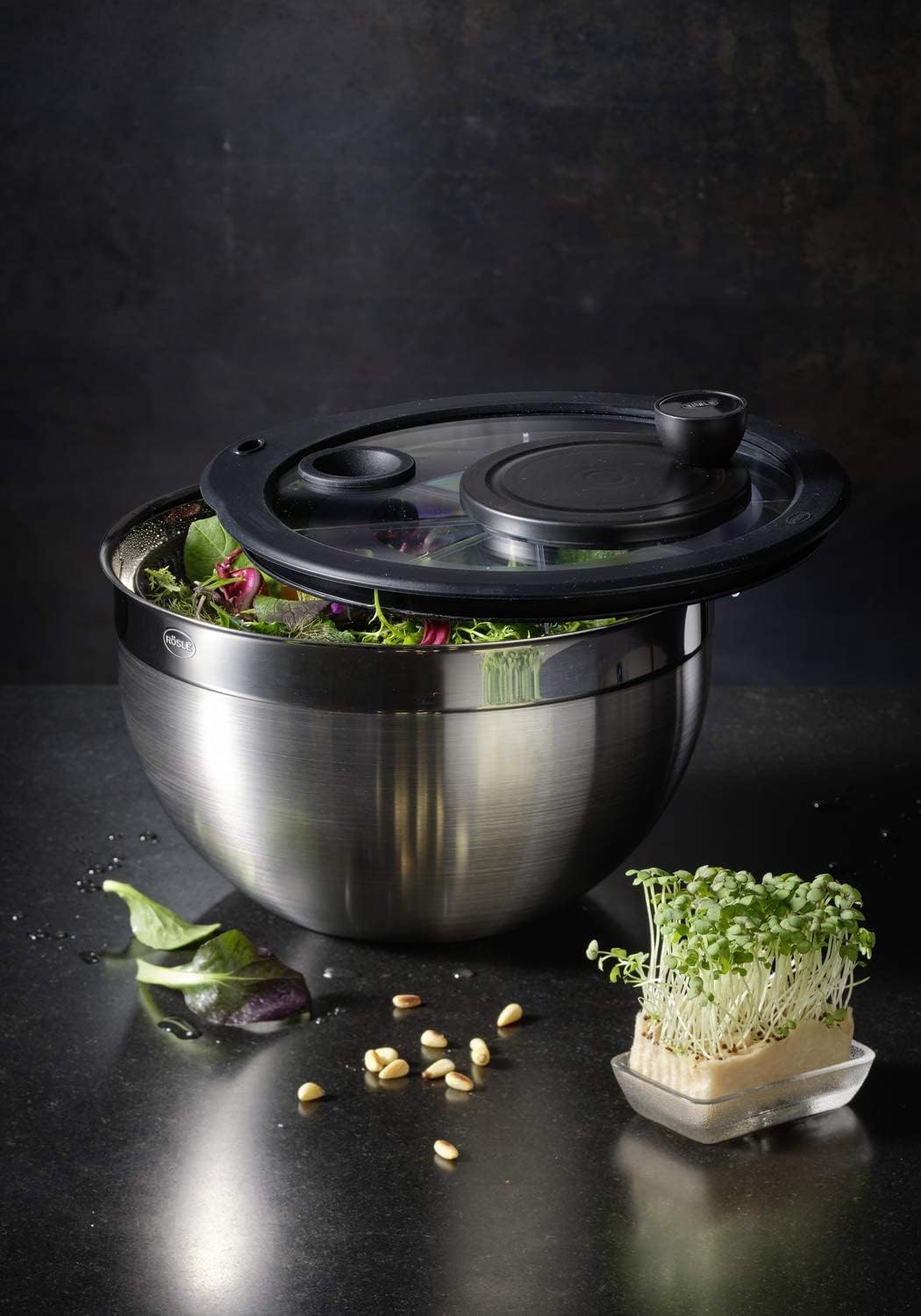 Salatschleuder mit Kurbelantrieb (Edelstahl, 24 cm), Salatschleuder
