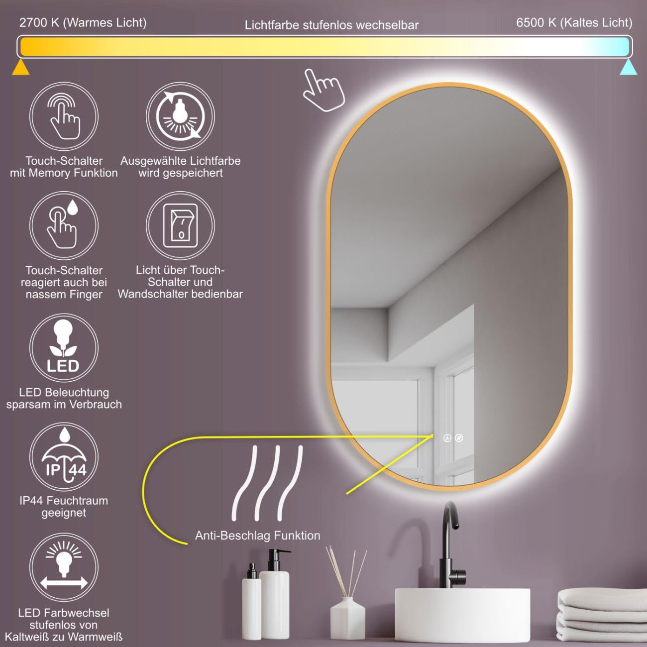 Ovaler LED Spiegel Tivoli mit Antibeschlagfunktion 60x100 cm, Gold-oval Antibeschlag 100L x 60B cm