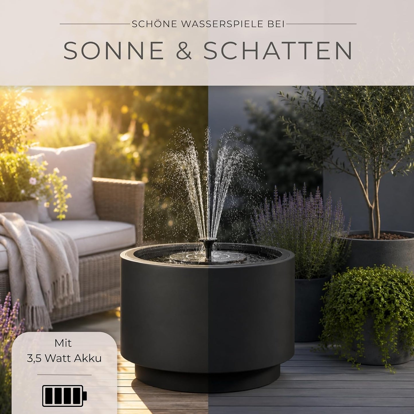 Solarbrunnen mit Akku für Aussenbereich, Anthrazit Ø 47 x H 45 cm