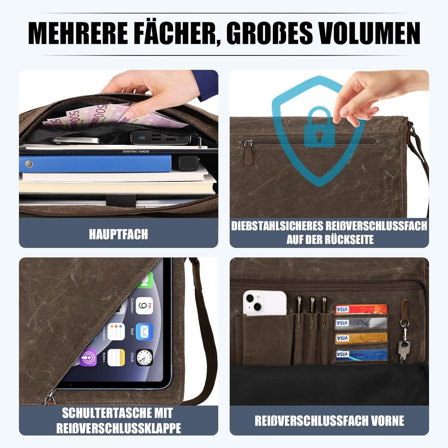 Wasserabweisende Vintage-Umhängetasche, Braun 15,6-Zoll