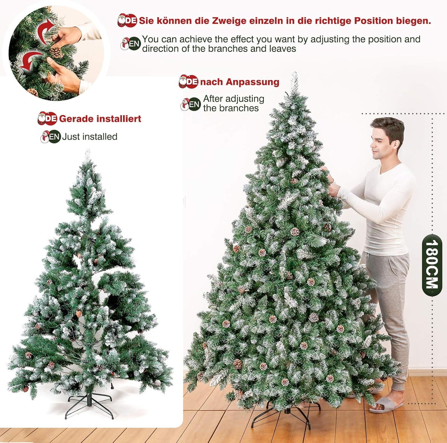 Künstlicher LED-Weihnachtsbaum mit Schneeoptik und Tannenzapfen, 150cm