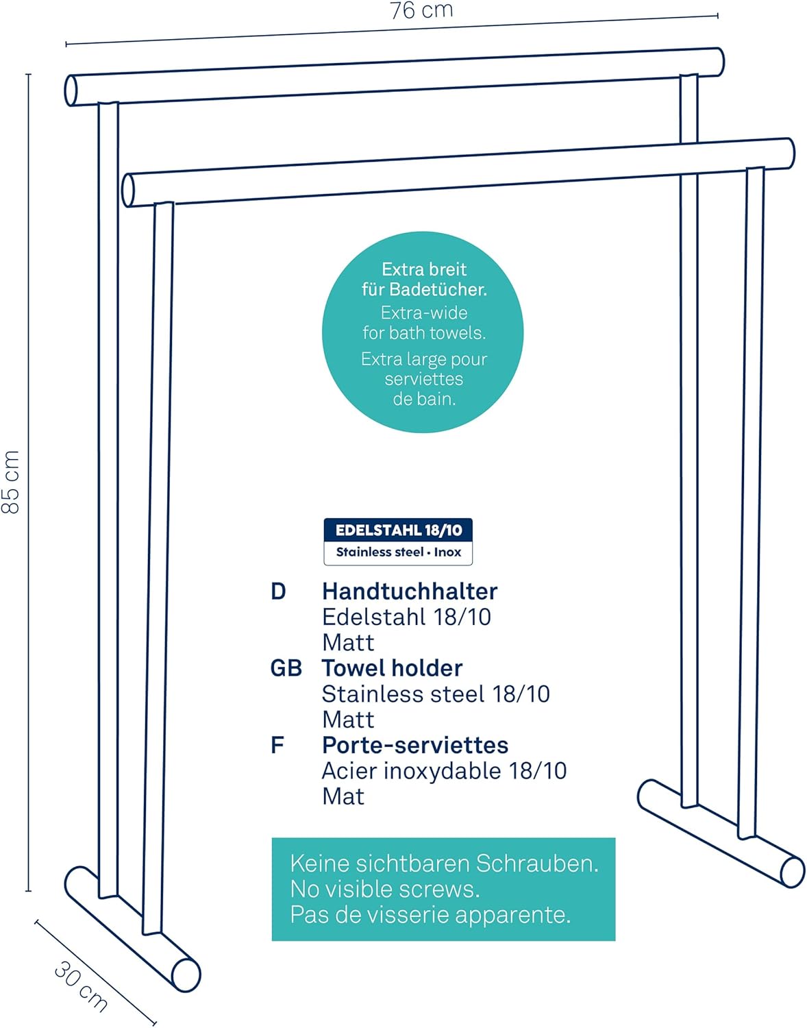 Handtuchständer Priamo mit 2 Stangen, 76 cm breit
