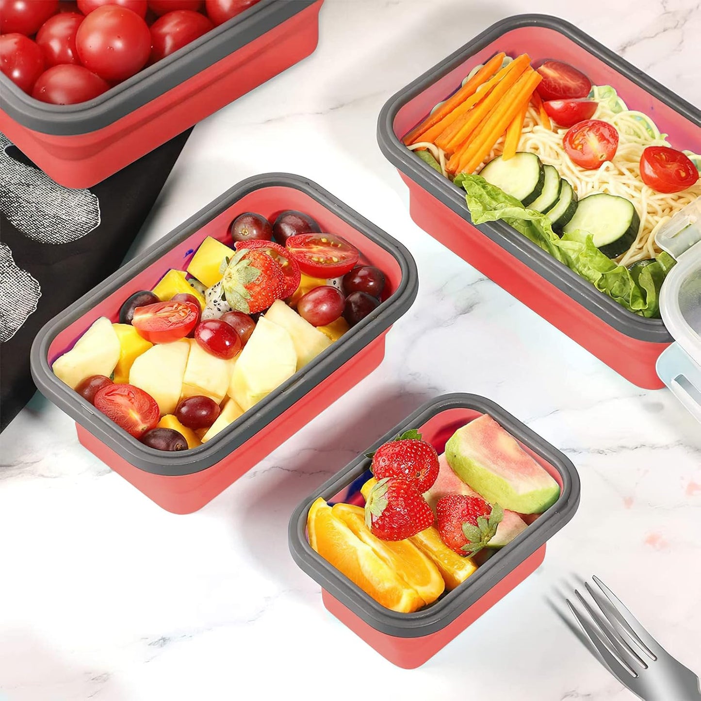 Faltbares Food Container-Set, 4-teilig mit Deckel, Rot